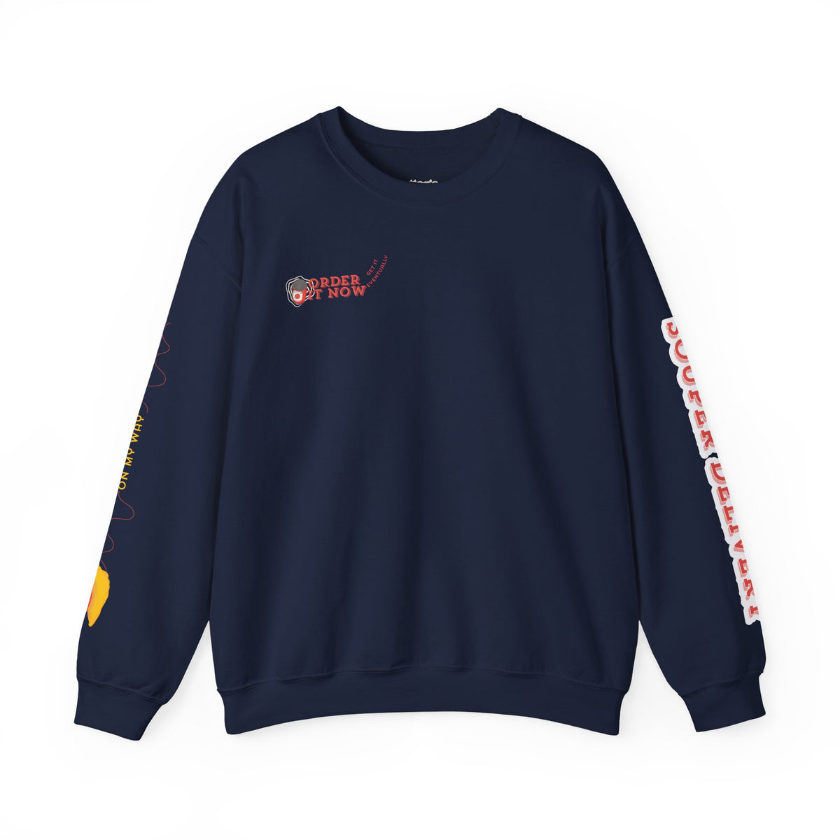 Souper Delivery Crewneck Sweatshirt — Retro Soup Can Logo & Hand-Drawn Snail, "Order It Now, Get It Eventually"