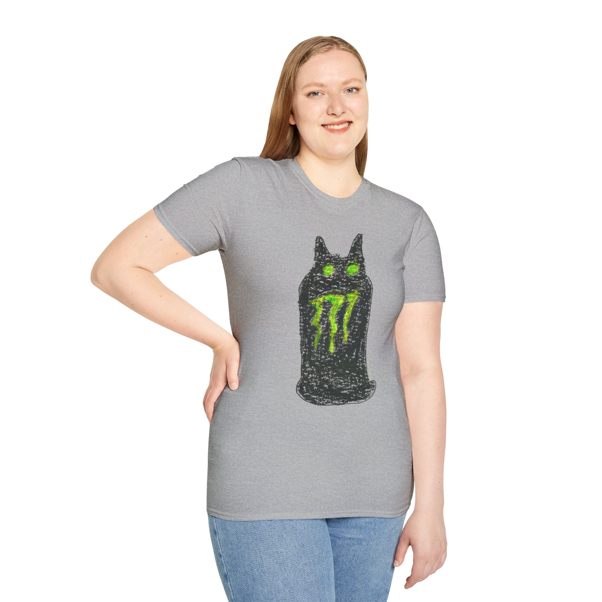 Green-Eyed Monster Cat T-Shirt | Grunge Cat Illustration