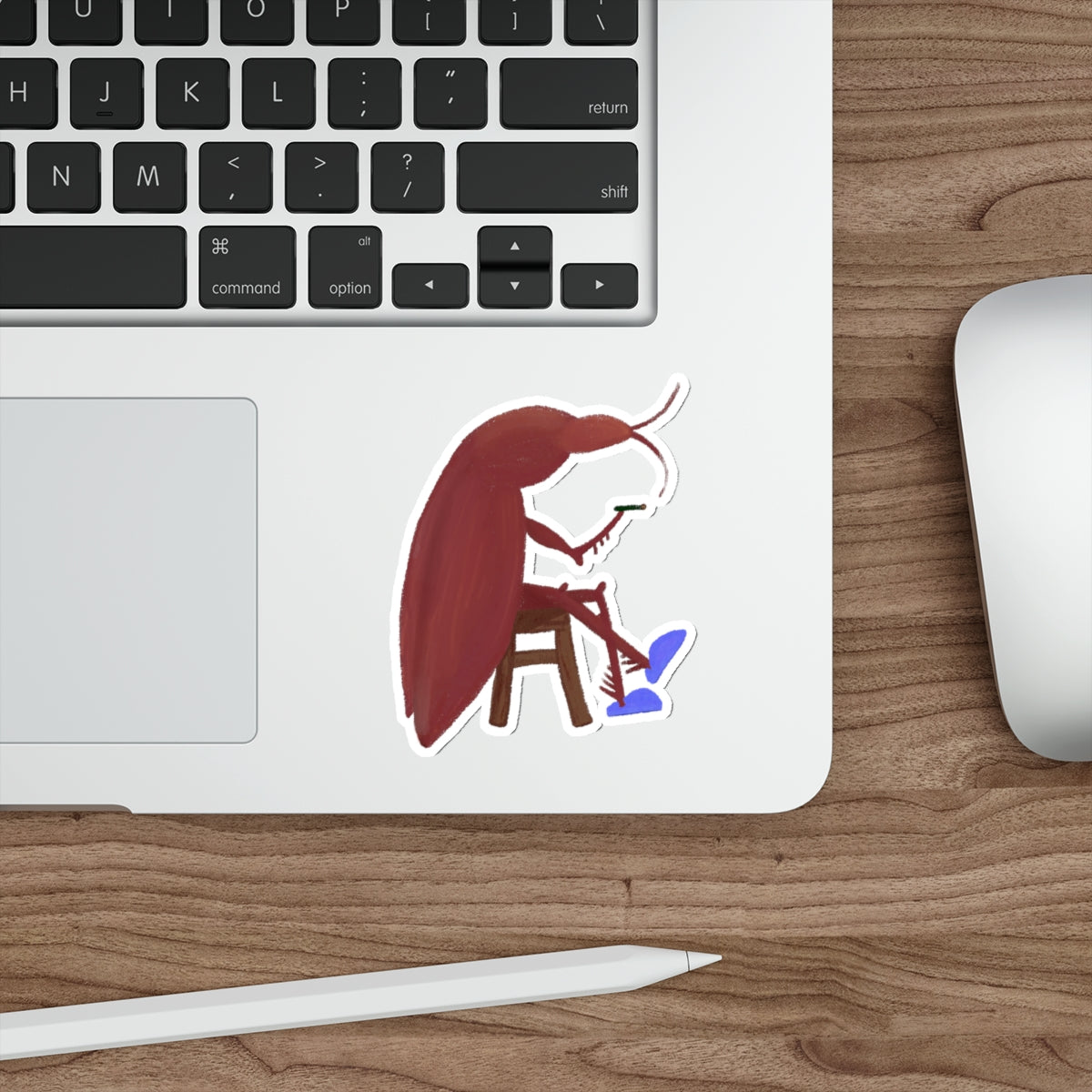 Smoking Cockroach in Blue Slippers Die-Cut Sticker | Funny Insect Art