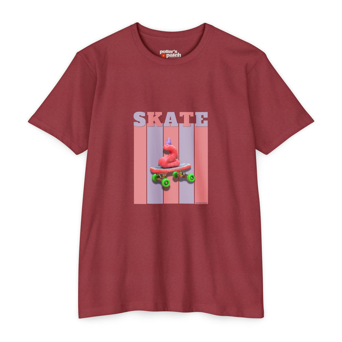 Skate Snake with Party Hat Pink Graphic Tee — Retro Stripes Skateboard Design