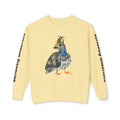 Colorful Pigeon Pinwheel Hat Illustration Sweatshirt | 'Curiously Unserious' Sleeve Text