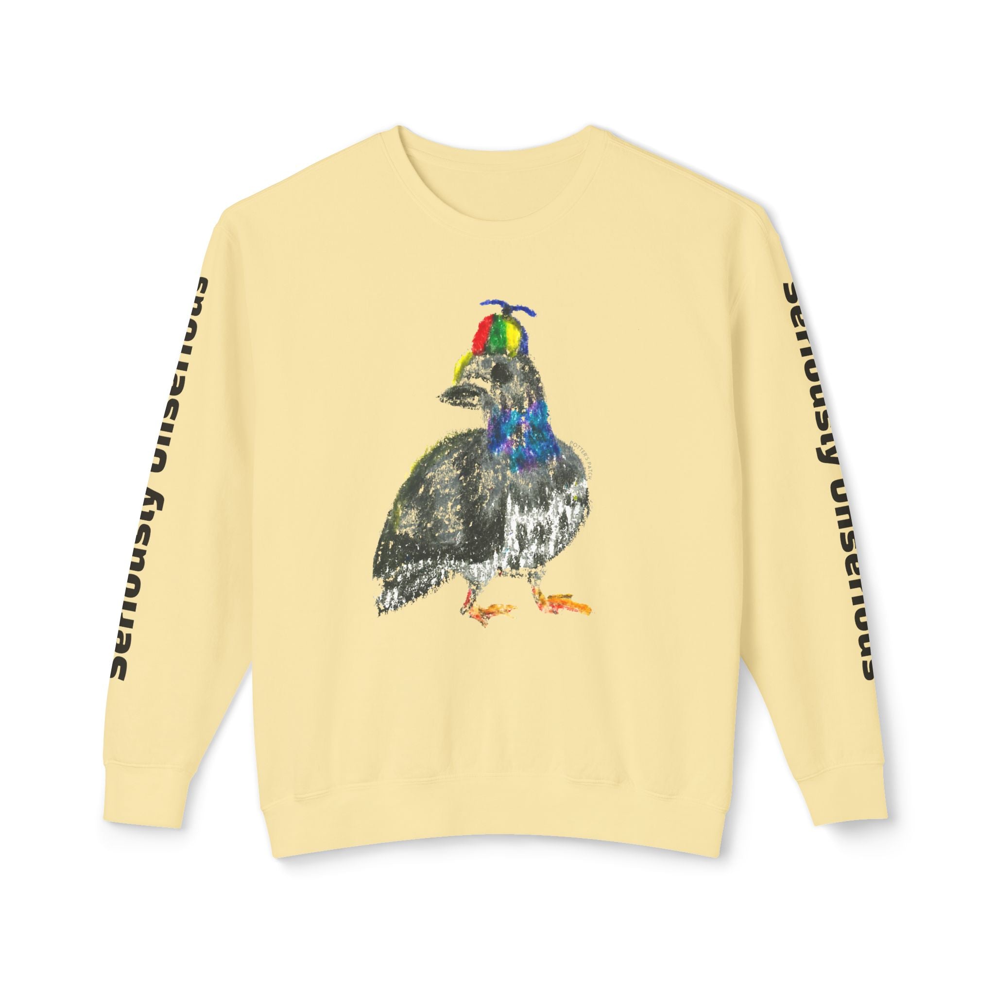 Colorful Pigeon Pinwheel Hat Illustration Sweatshirt | 'Curiously Unserious' Sleeve Text