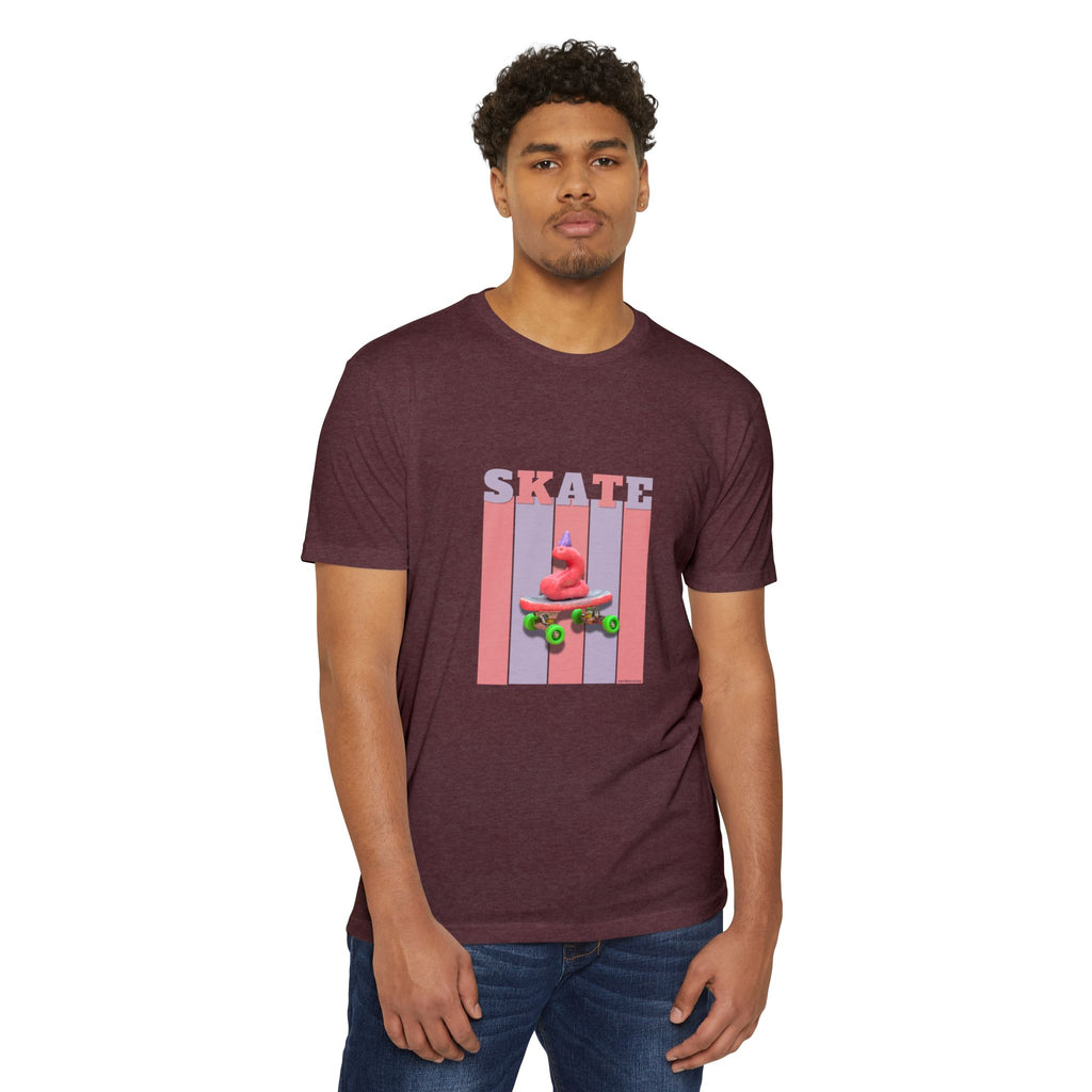 Skate Snake with Party Hat Pink Graphic Tee — Retro Stripes Skateboard Design