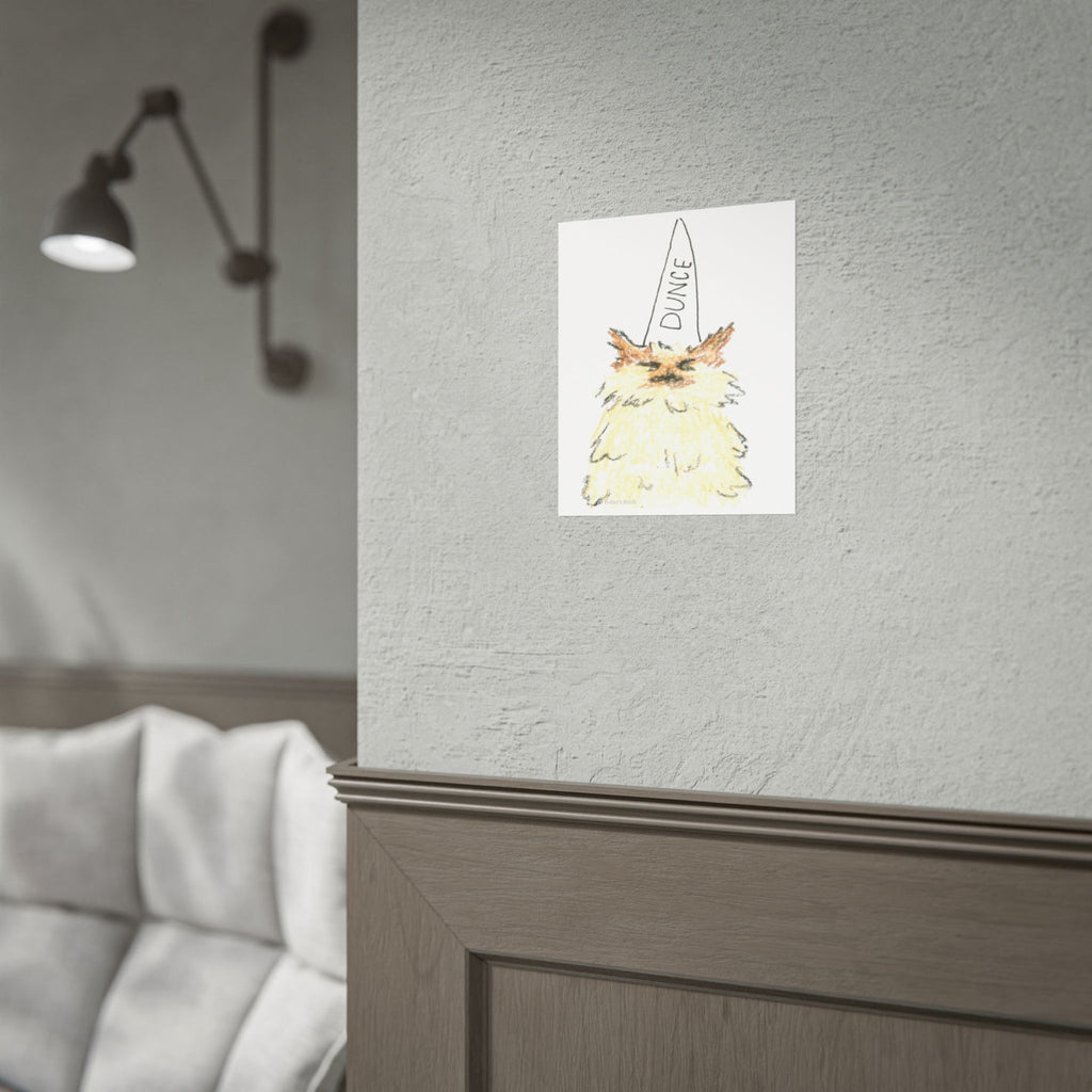 Dunce Cat Rolled Poster | Whimsical Hand-Drawn Illustration, Humorous Wall Art
