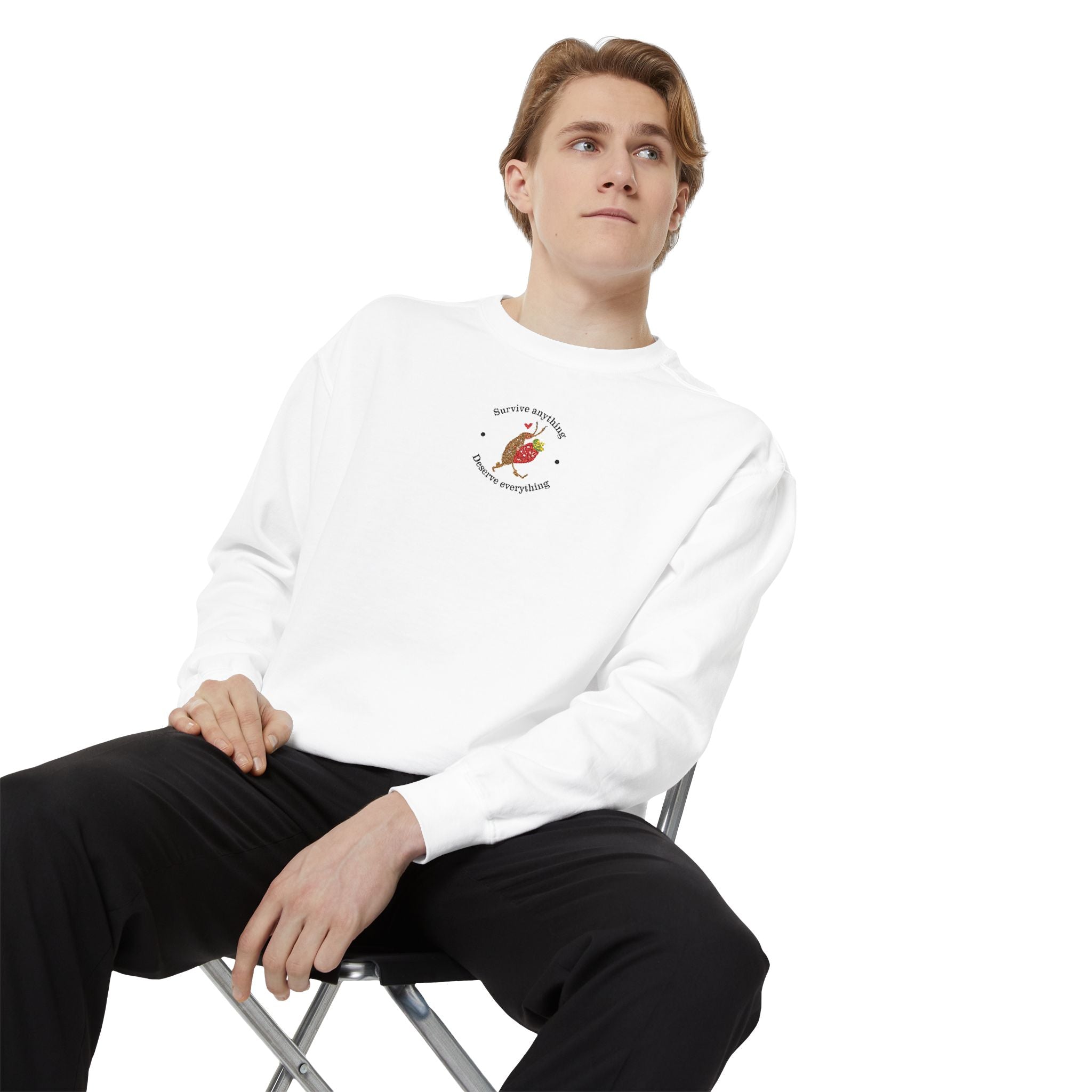 Cute Cockroach with Strawberry "Survive anything, Deserve Everything" Embroidered Sweatshirt