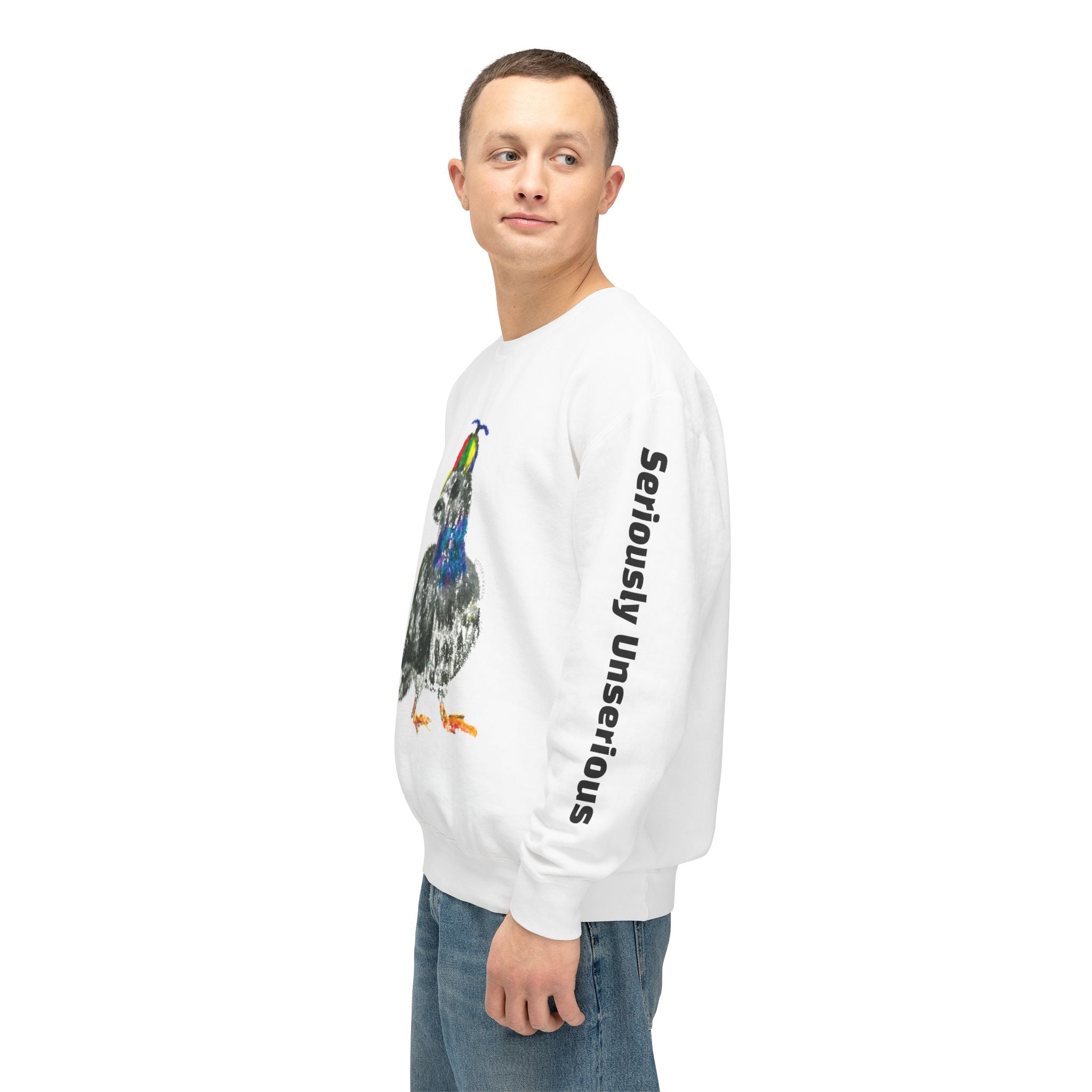 Colorful Pigeon Pinwheel Hat Illustration Sweatshirt | 'Curiously Unserious' Sleeve Text