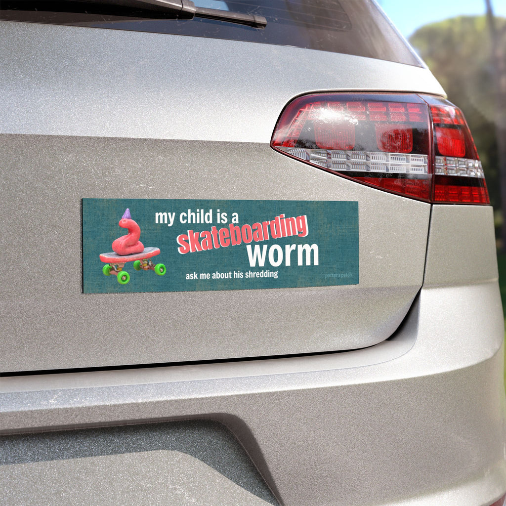 Skateboarding Worm Magnet Car Magnet | Worm on Skateboard with Party Hat, Humorous Quote