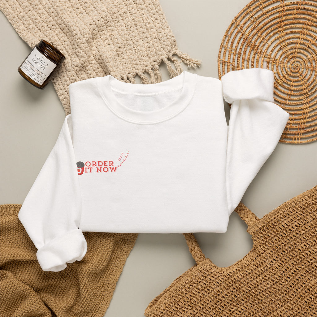 Souper Delivery Crewneck Sweatshirt — Retro Soup Can Logo & Hand-Drawn Snail, "Order It Now, Get It Eventually"