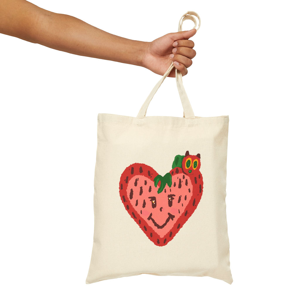 Cute Strawberry with Caterpillar Tote Bag | Hand-Drawn Colorful Canvas