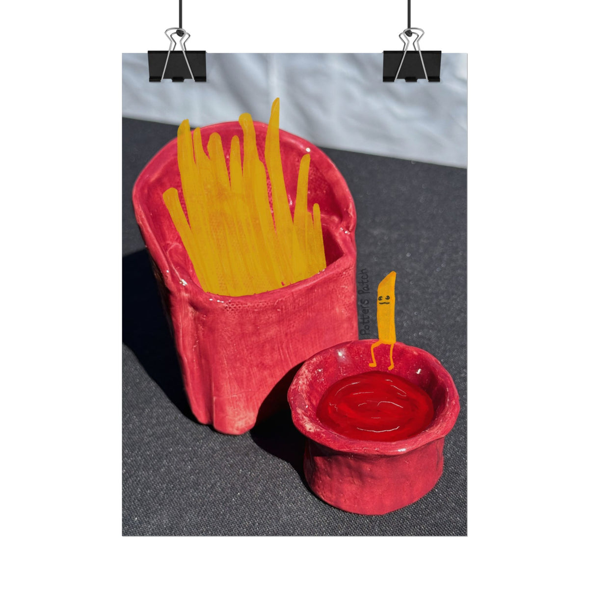 Whimsical French Fry & Ketchup Poster — Playful Fast Food Art Print Ceramic Art Mixed Media