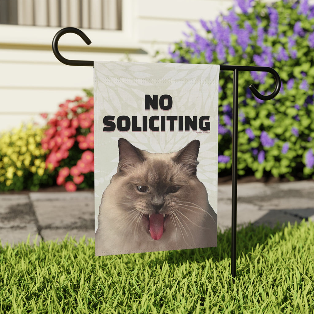 No Soliciting Cat Garden Flag | House Banner, Funny Cat Lawn Decor 12"x8"