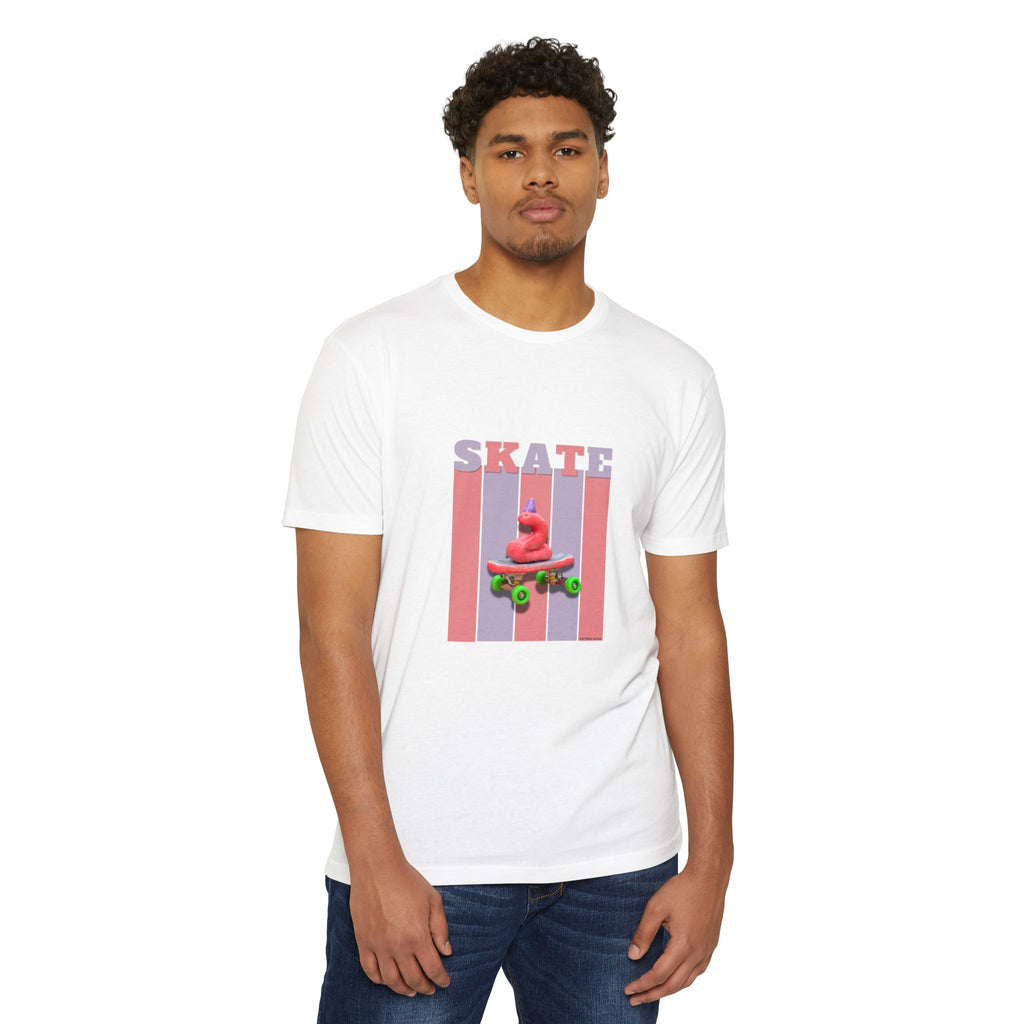 Skate Snake with Party Hat Pink Graphic Tee — Retro Stripes Skateboard Design