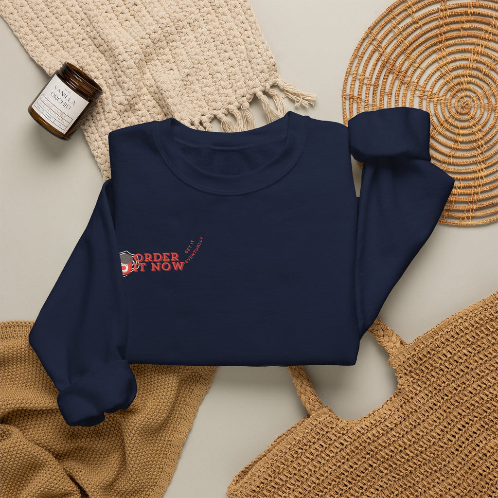 Souper Delivery Crewneck Sweatshirt — Retro Soup Can Logo & Hand-Drawn Snail, "Order It Now, Get It Eventually"