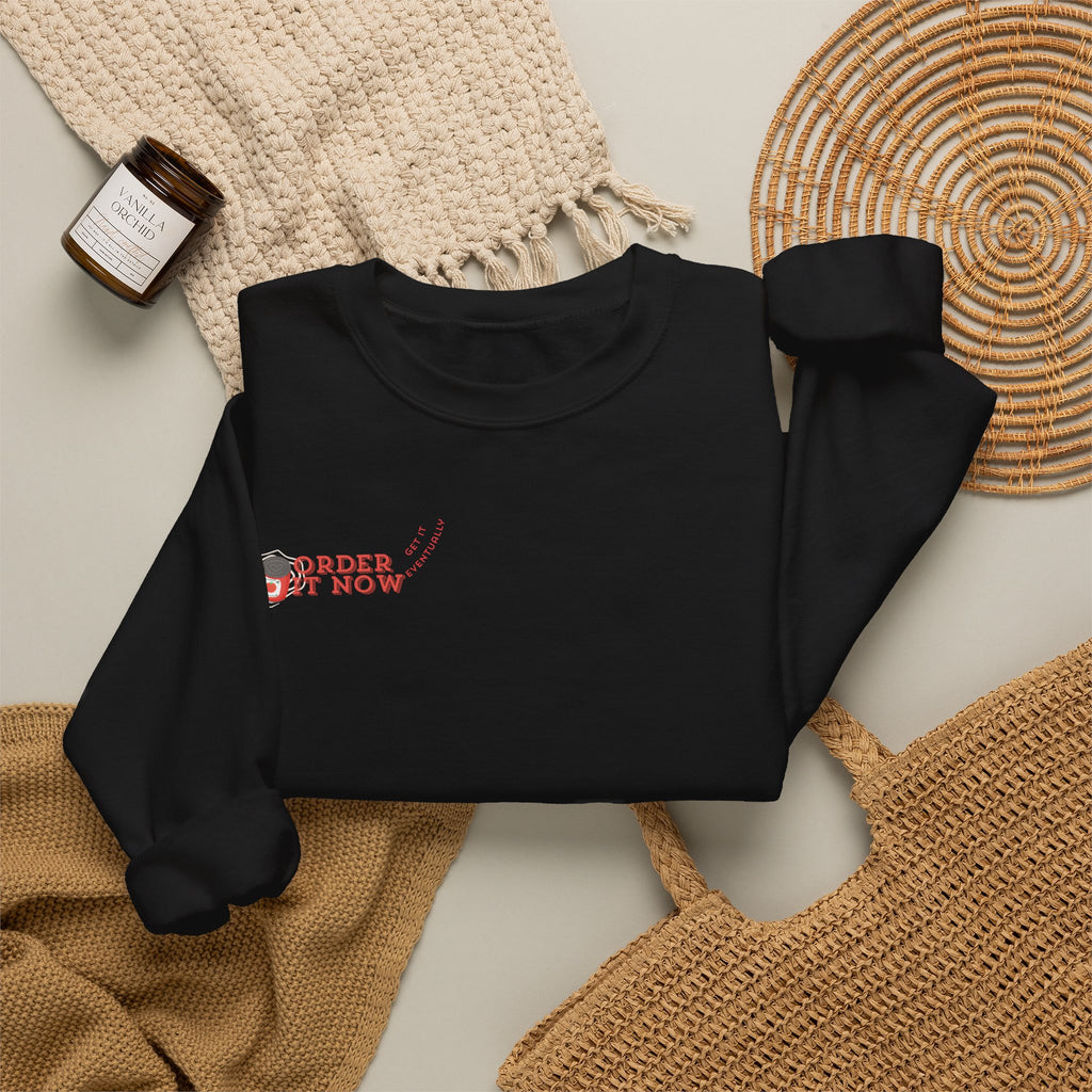 Souper Delivery Crewneck Sweatshirt — Retro Soup Can Logo & Hand-Drawn Snail, "Order It Now, Get It Eventually"
