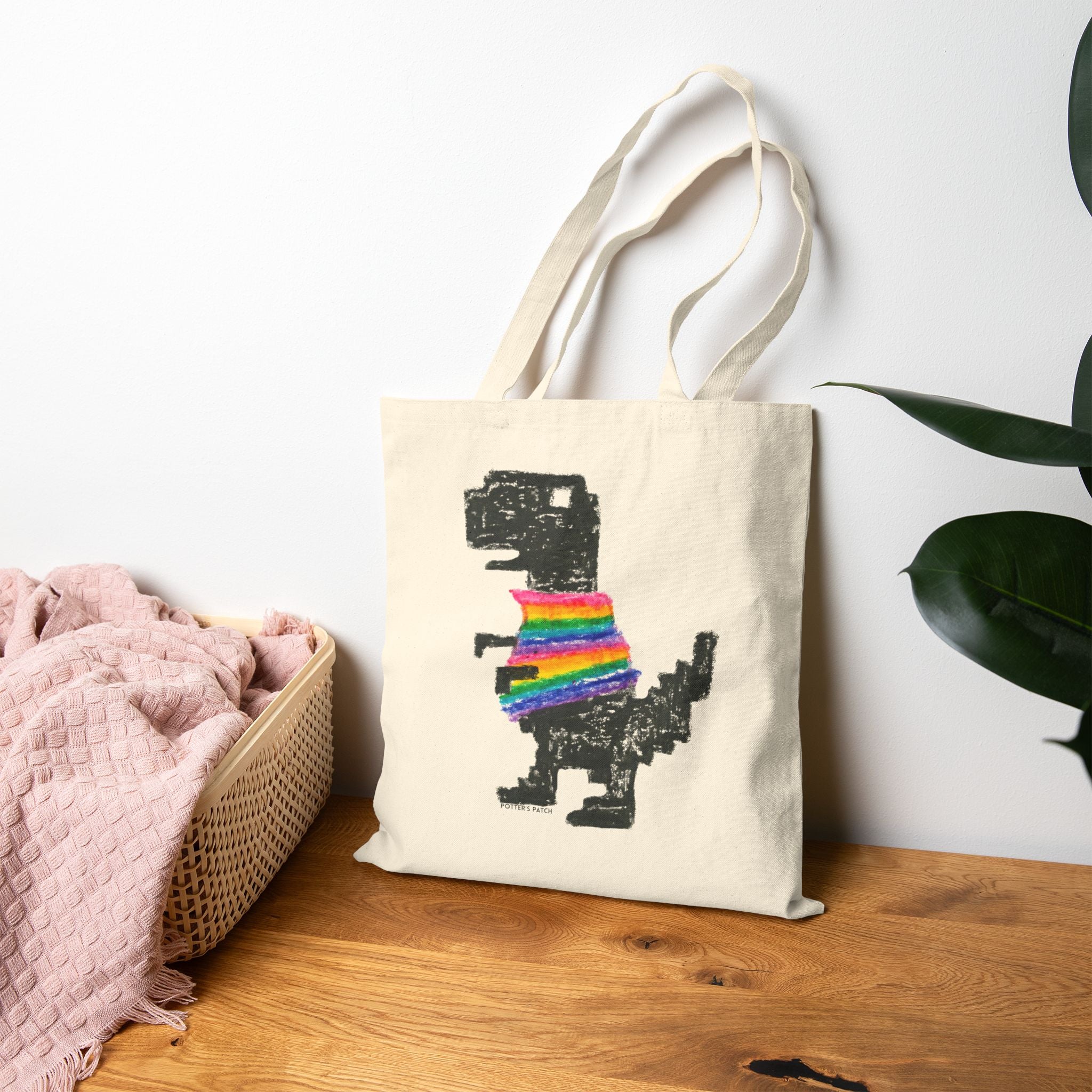 Rainbow Sweater Dinosaur Tote Bag | Canvas Market Bag