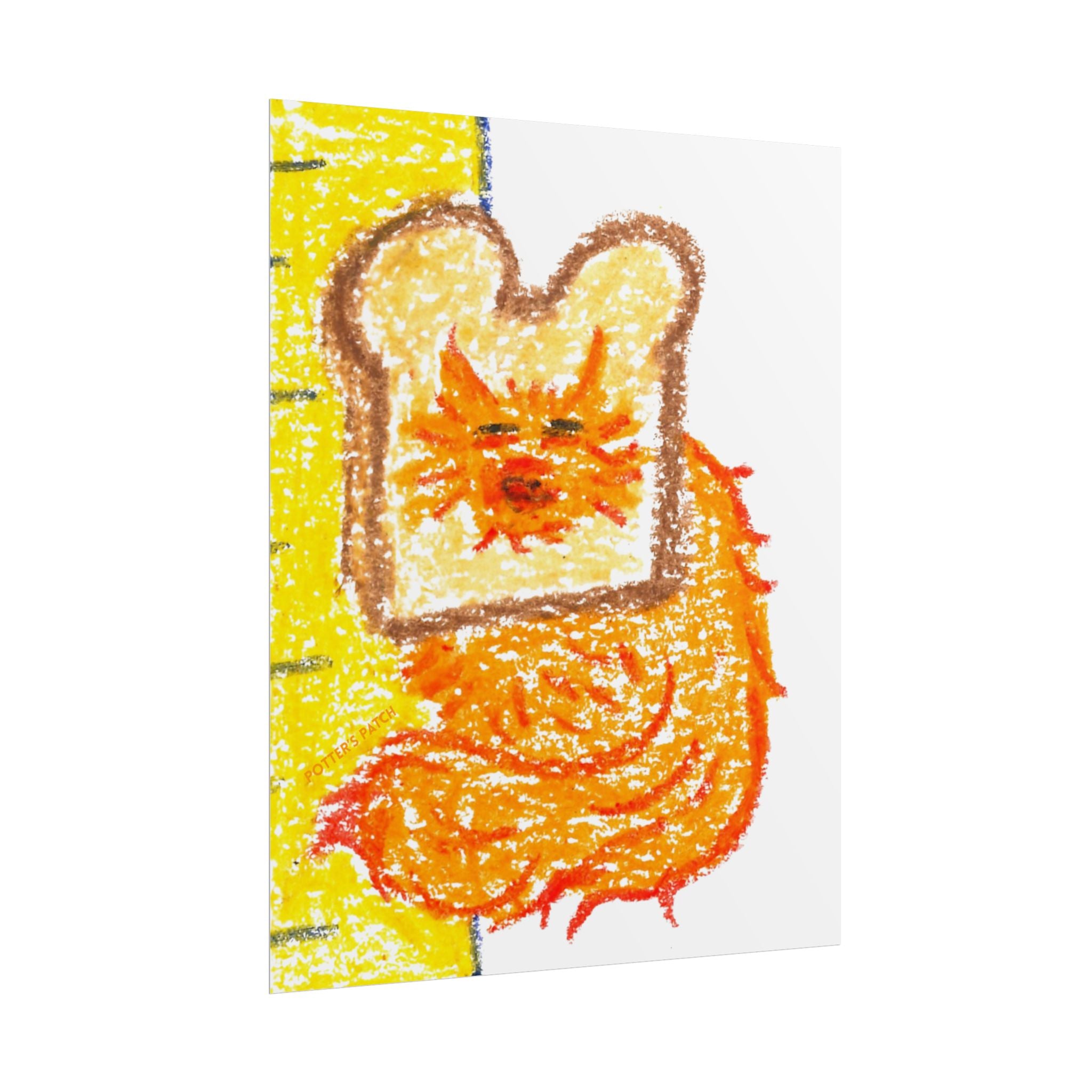 In-Bread Cat Toast Poster Butter Background | Whimsical Crayon Illustration, Rolled Poster 8"x10"