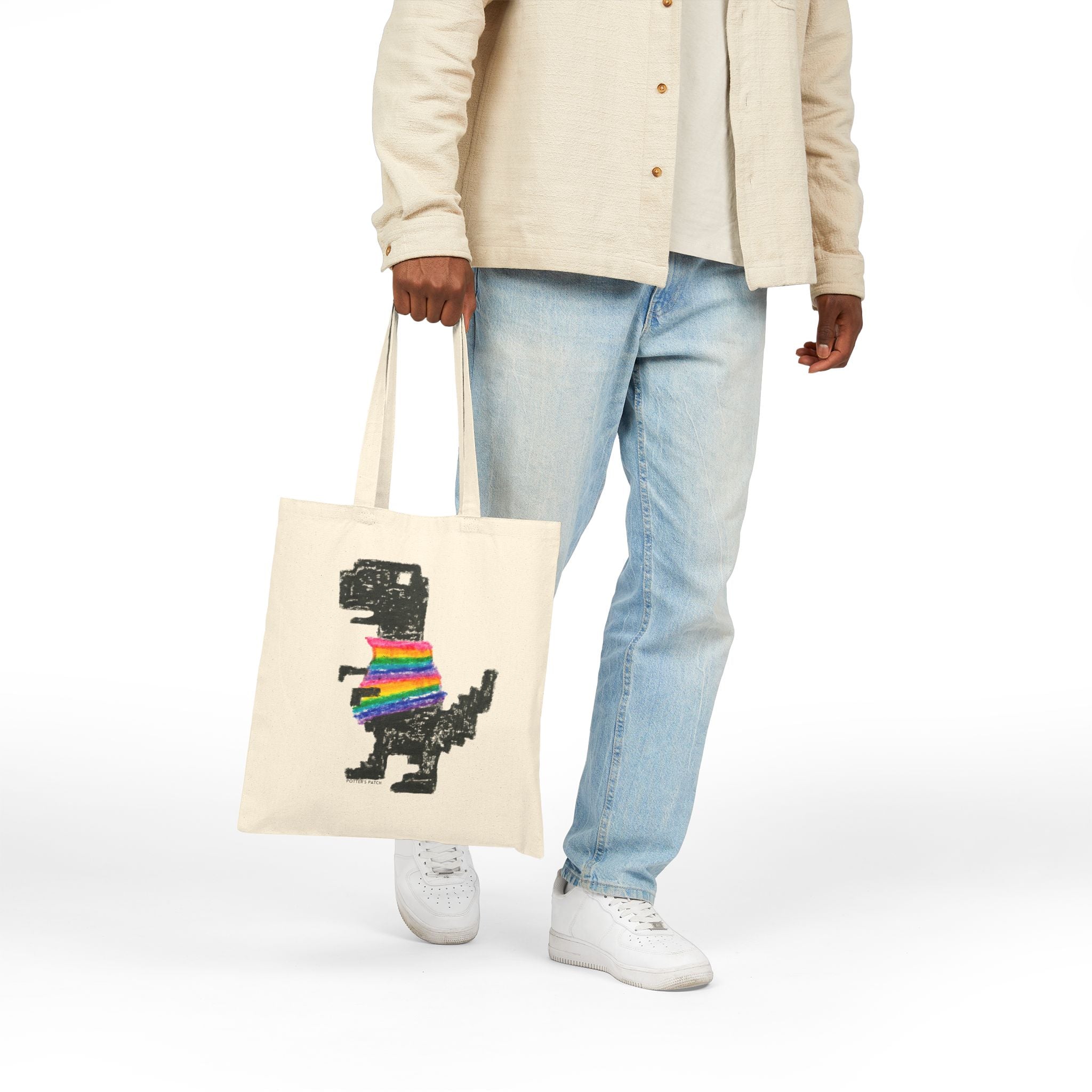Rainbow Sweater Dinosaur Tote Bag | Canvas Market Bag