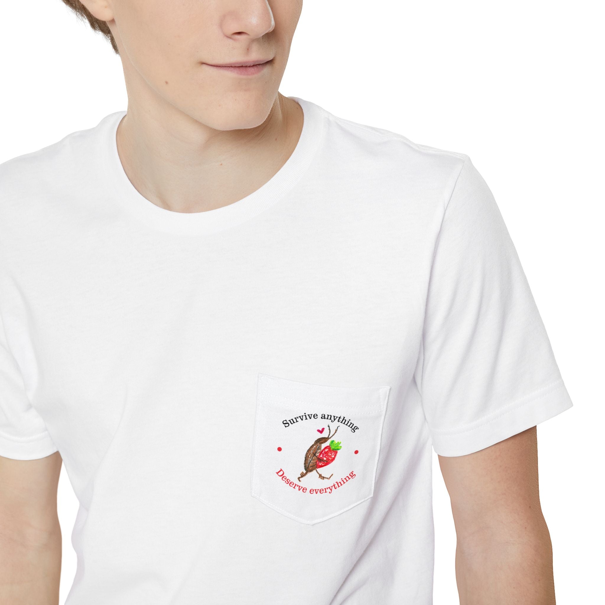 Pocket T-Shirt — Cute Strawberry Cartoon Pocket Tee (Strawberry Lover Gift)