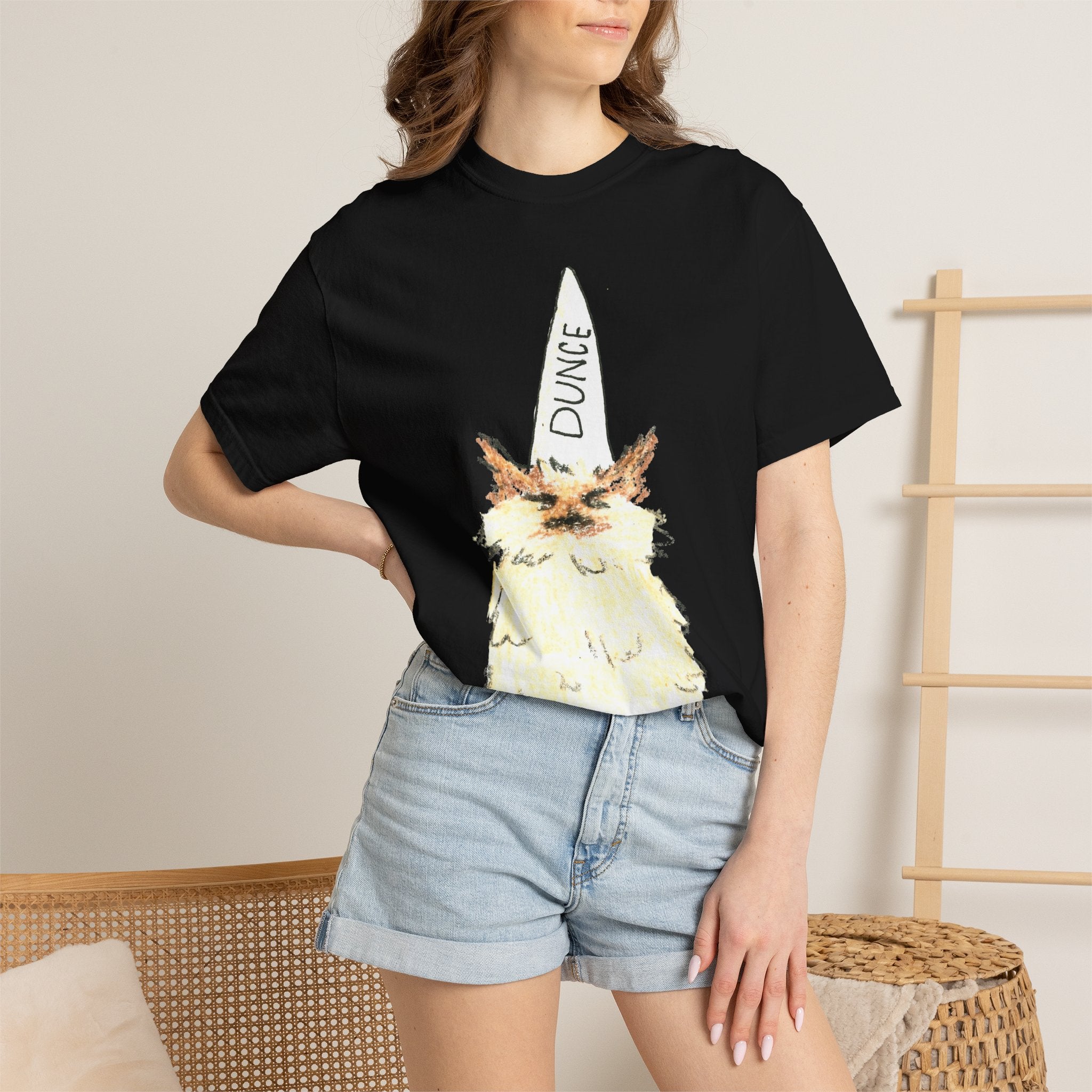 T-Shirt — Fluffy Cat Wearing 'Dunce' Cone Hat Illustrated Tee