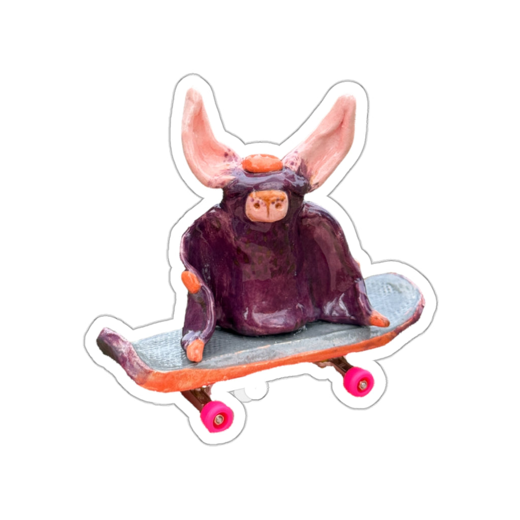 Skateboarding Bat Die-Cut Sticker — Cute Ceramic-Style Skateboard Character