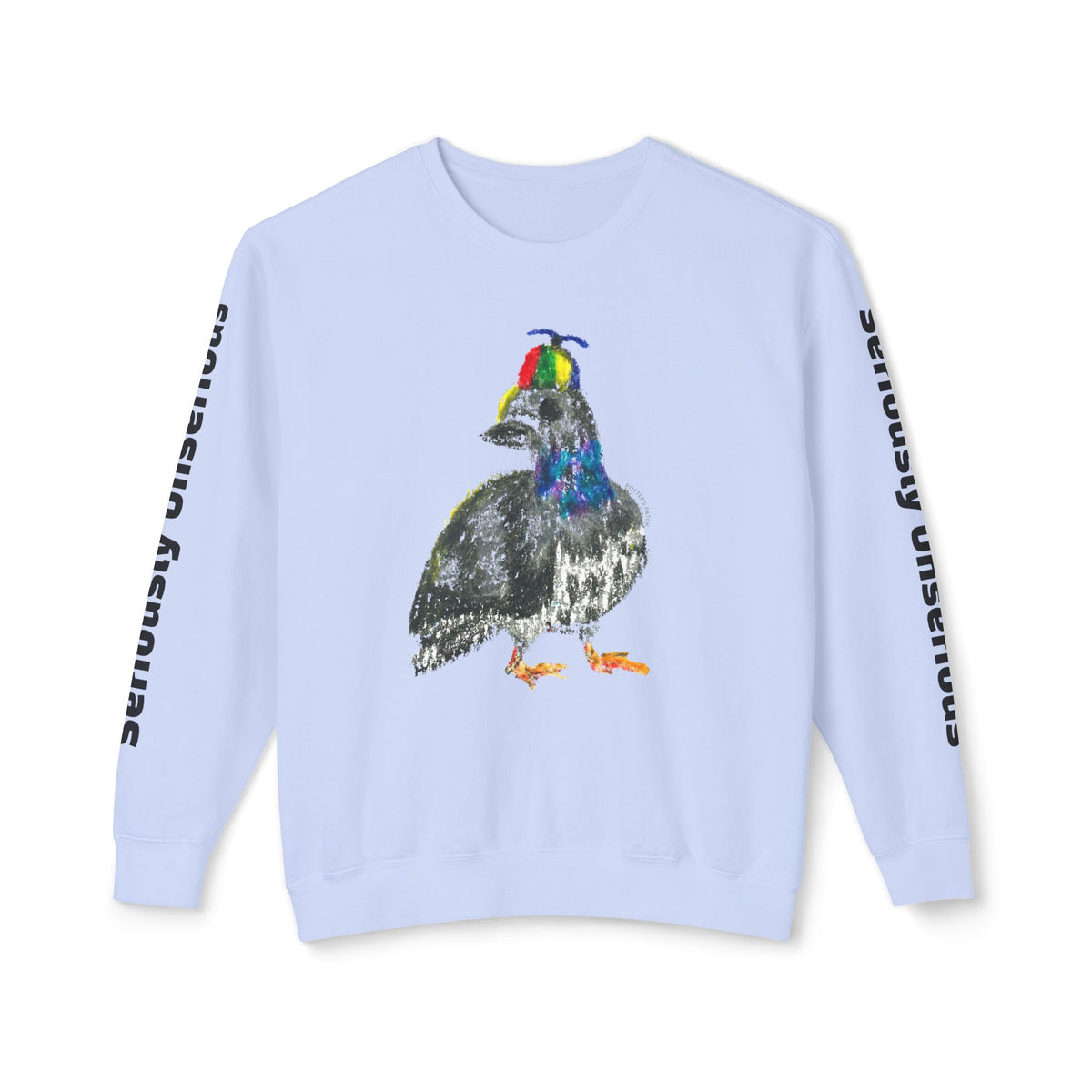 Colorful Pigeon Pinwheel Hat Illustration Sweatshirt | 'Curiously Unserious' Sleeve Text