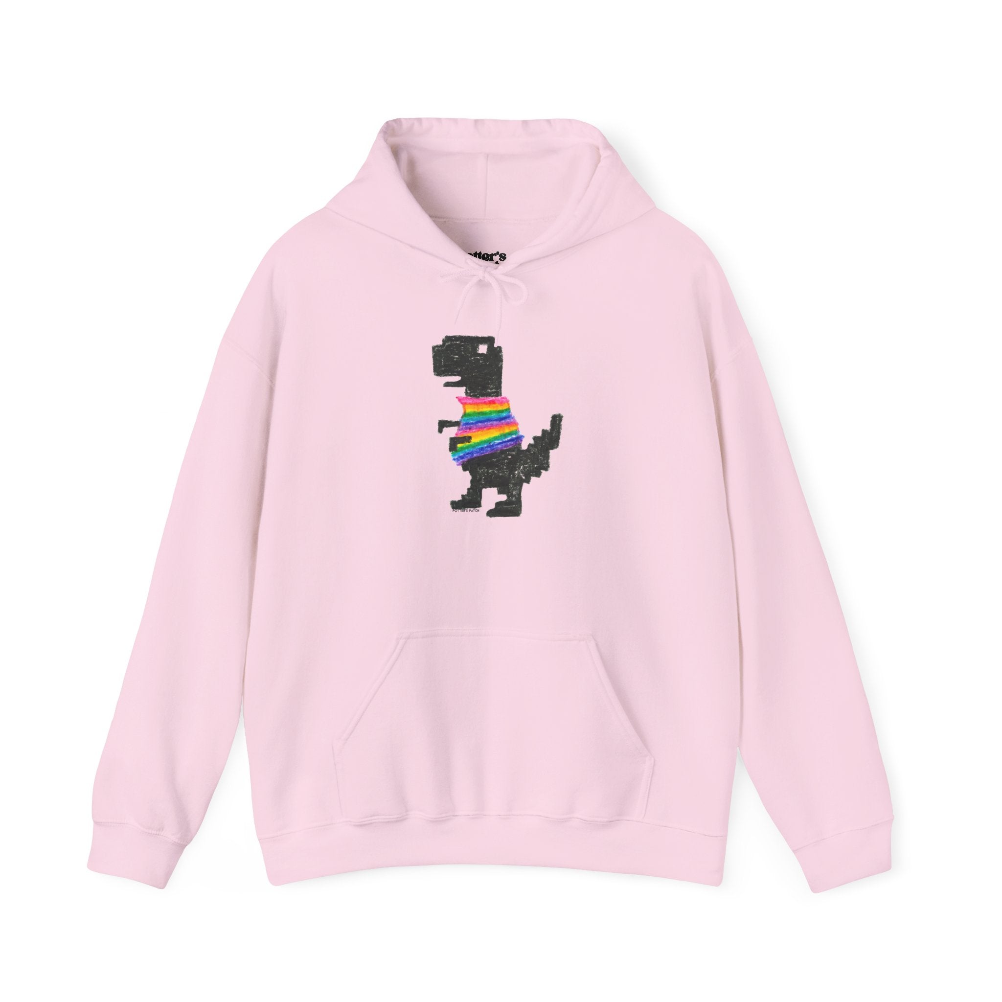 Pixel T-Rex Hoodie | Dinosaur with Rainbow Sweater, Binary Code Back "Hi"