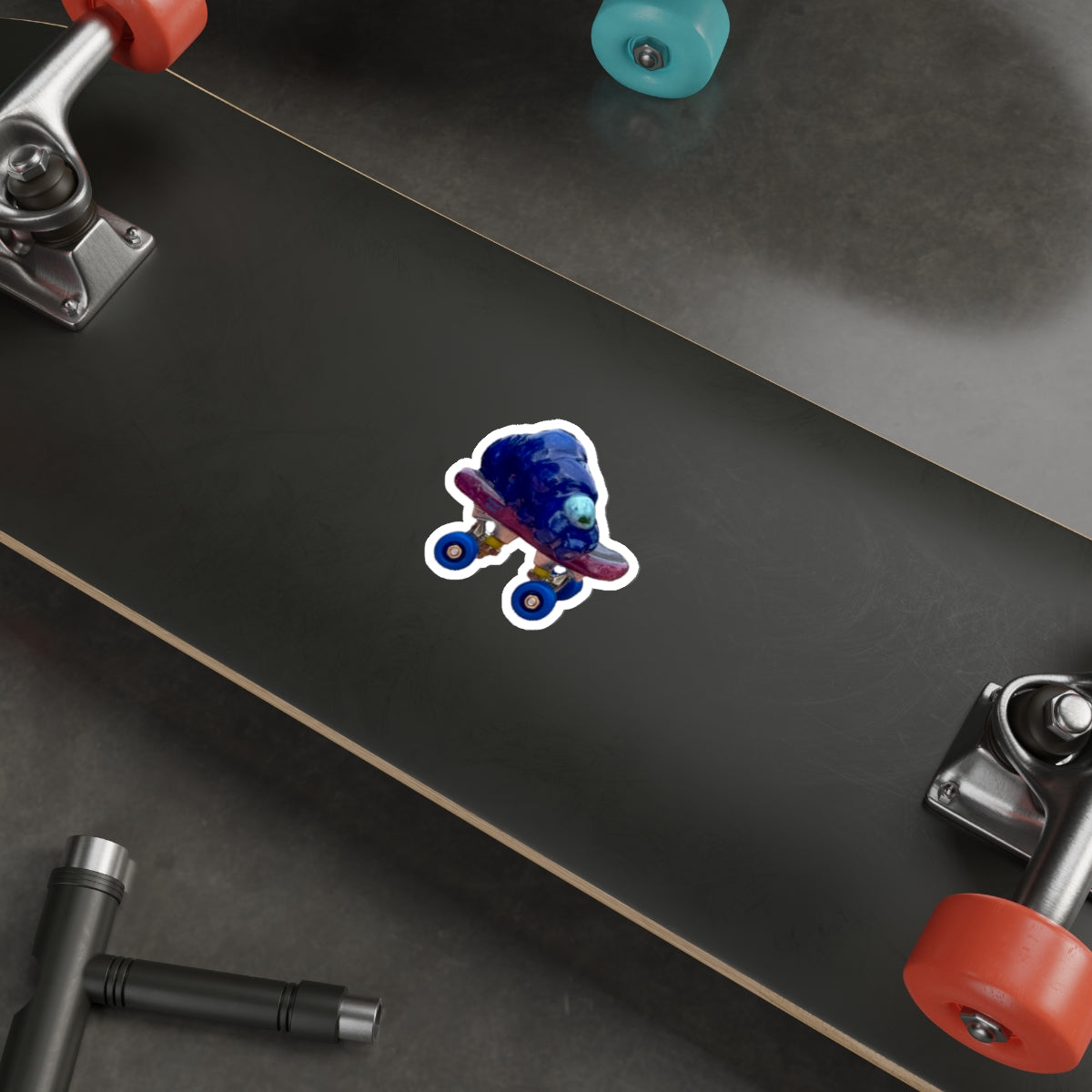 Die-Cut Sticker — Cute Blue Tardigrade on Skateboard (Whimsical Laptop Sticker)