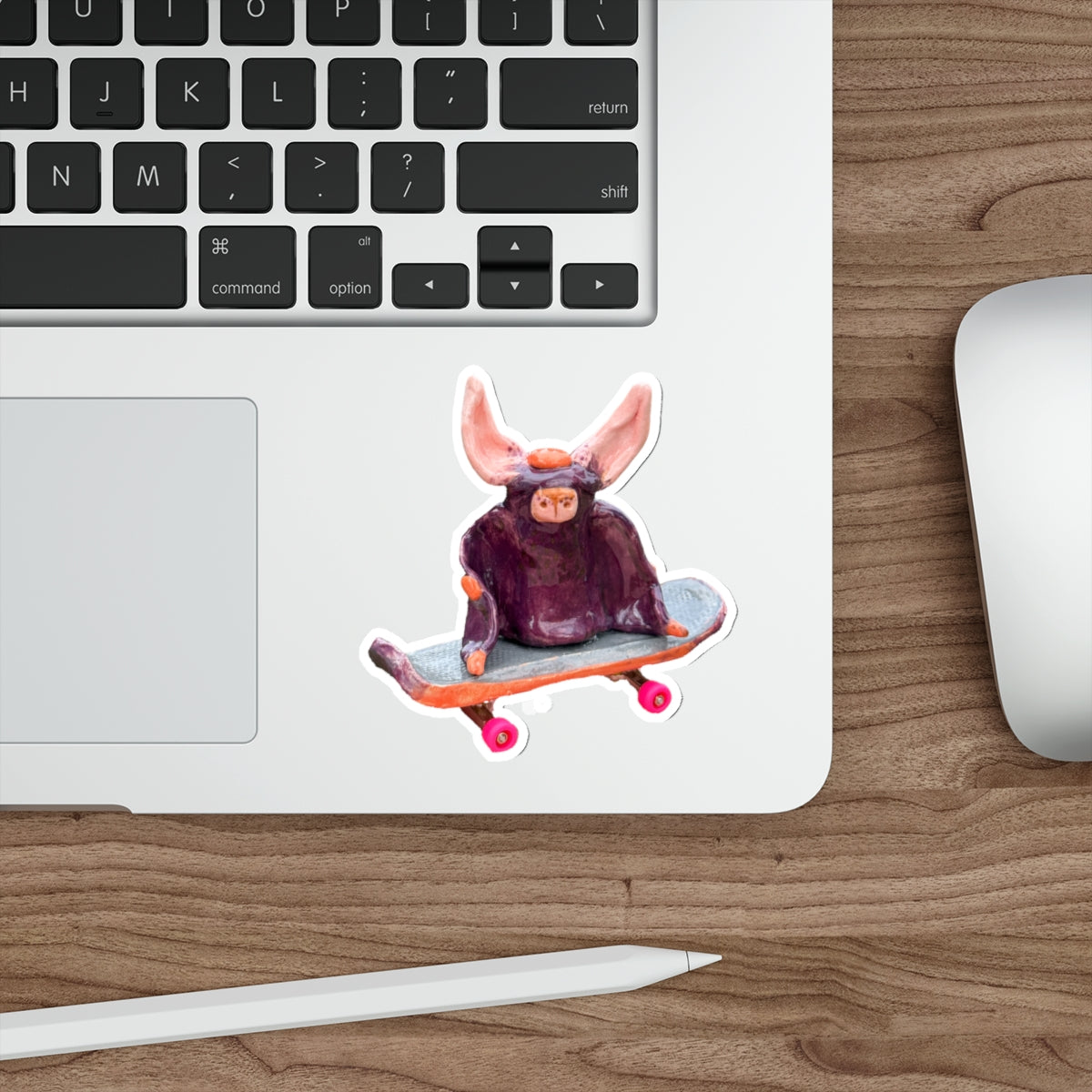 Skateboarding Bat Die-Cut Sticker — Cute Ceramic-Style Skateboard Character