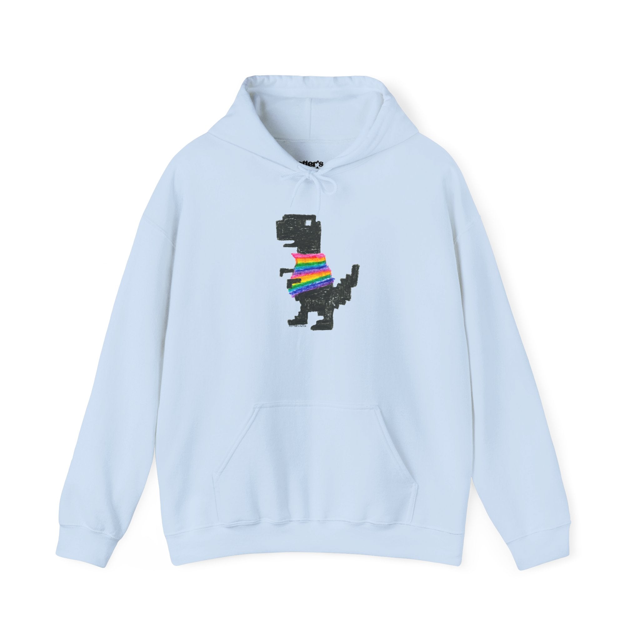 Pixel T-Rex Hoodie | Dinosaur with Rainbow Sweater, Binary Code Back "Hi"