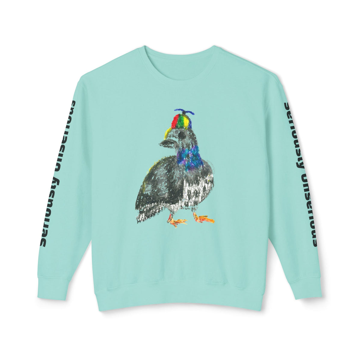 Colorful Pigeon Pinwheel Hat Illustration Sweatshirt | 'Curiously Unserious' Sleeve Text