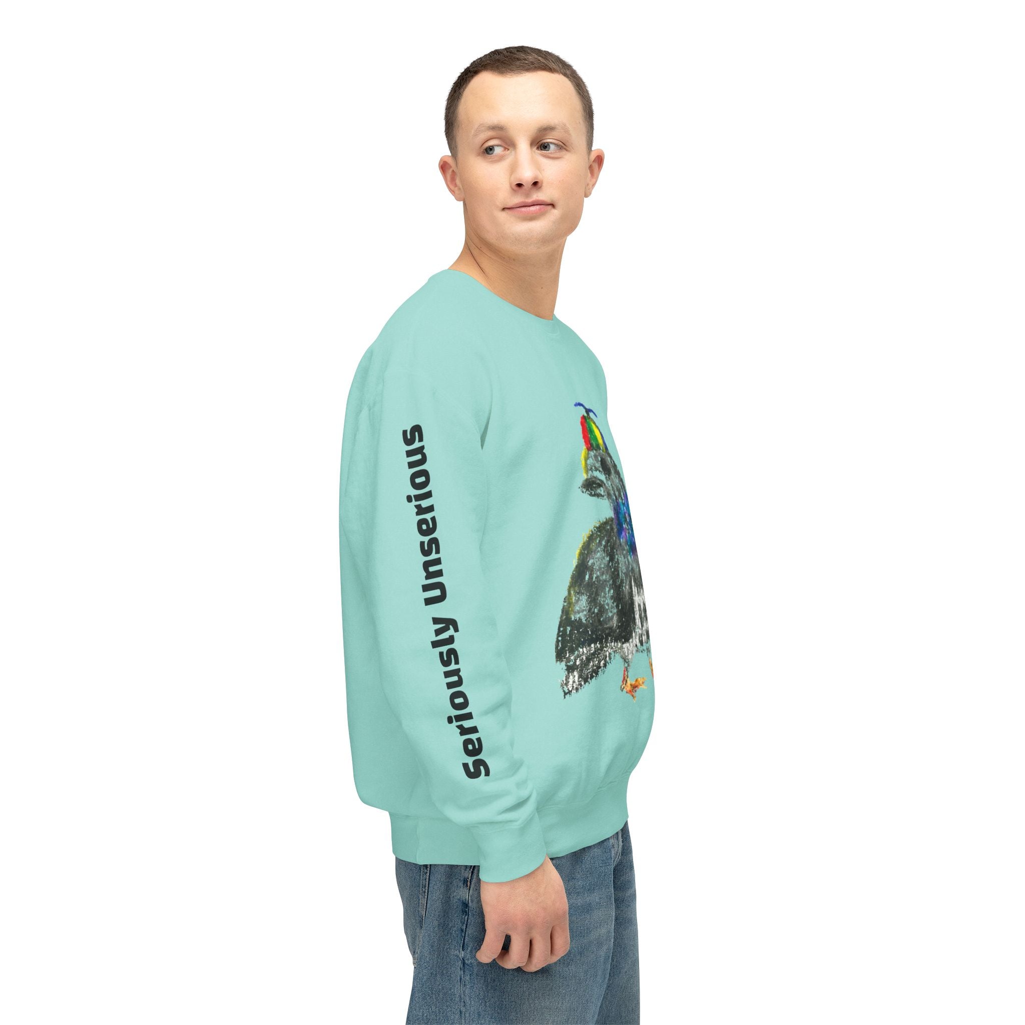 Colorful Pigeon Pinwheel Hat Illustration Sweatshirt | 'Curiously Unserious' Sleeve Text