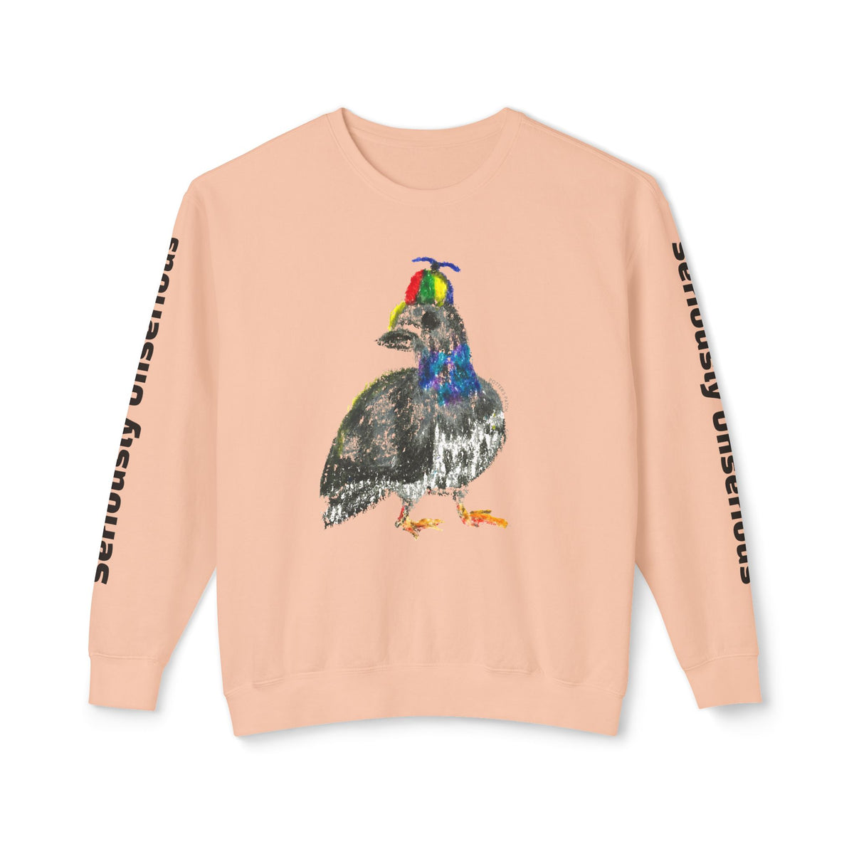 Colorful Pigeon Pinwheel Hat Illustration Sweatshirt | 'Curiously Unserious' Sleeve Text