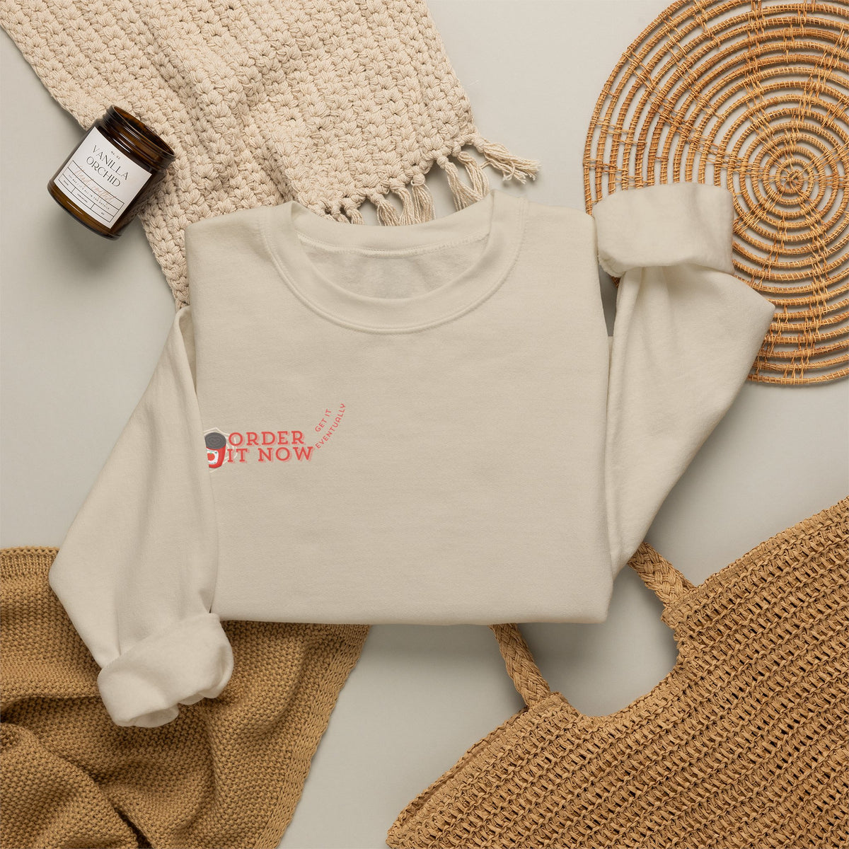Souper Delivery Crewneck Sweatshirt — Retro Soup Can Logo & Hand-Drawn Snail, "Order It Now, Get It Eventually"