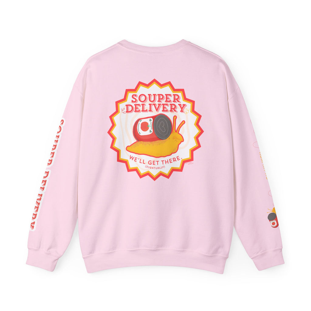 Souper Delivery Crewneck Sweatshirt — Retro Soup Can Logo & Hand-Drawn Snail, "Order It Now, Get It Eventually"