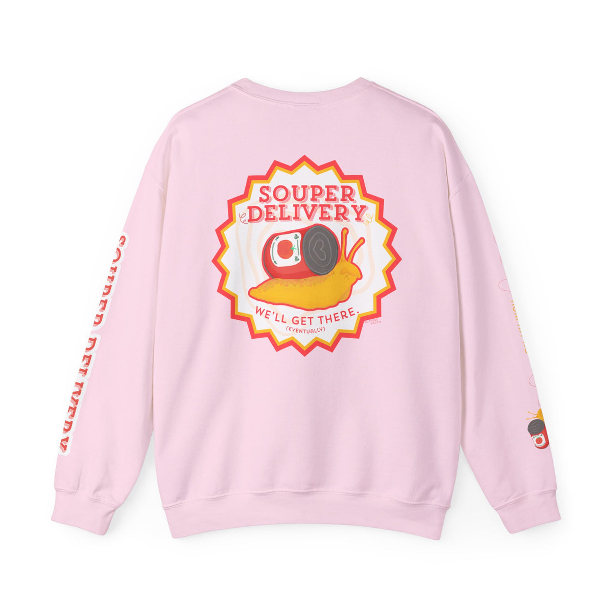 Souper Delivery Crewneck Sweatshirt — Retro Soup Can Logo & Hand-Drawn Snail, "Order It Now, Get It Eventually"