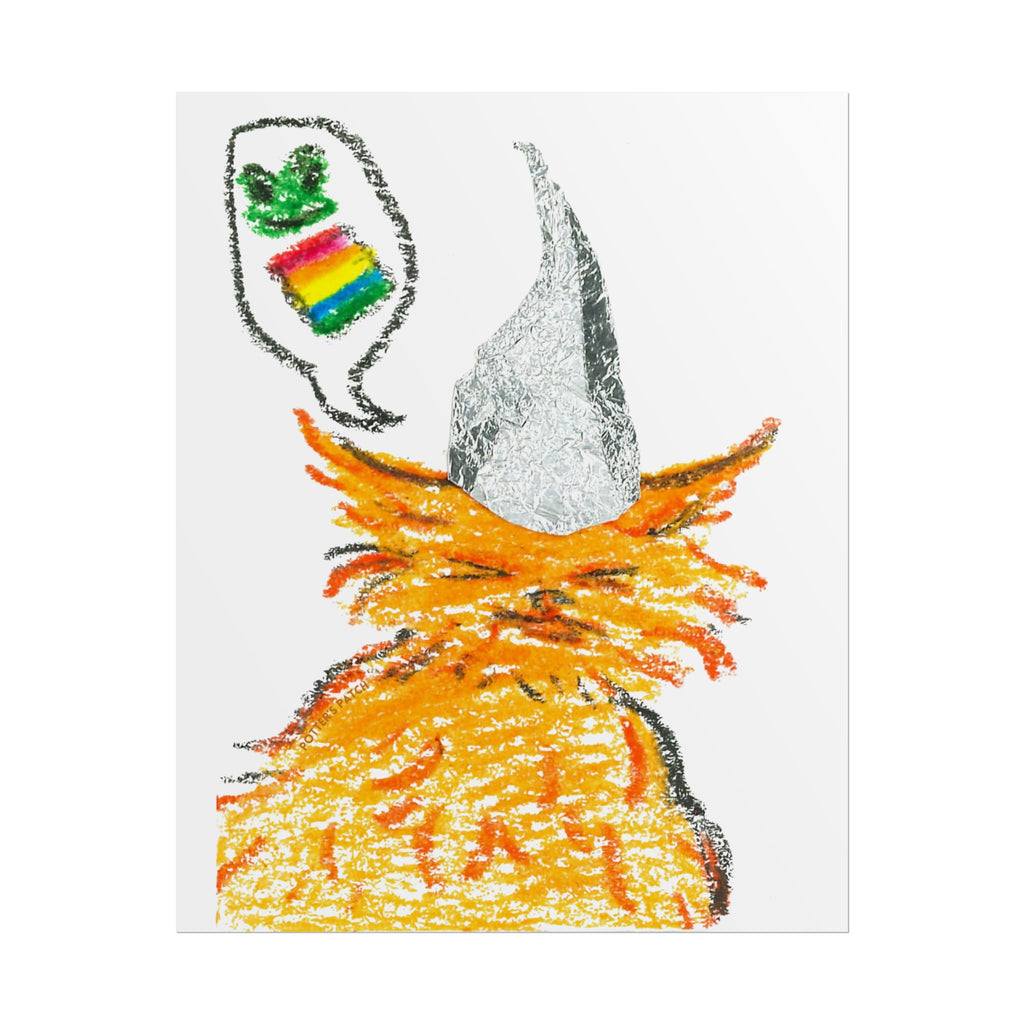 Orange Cat Conspiracy Theorist Frogs Are Gay Rolled Posters | Colorful Crayon Illustration