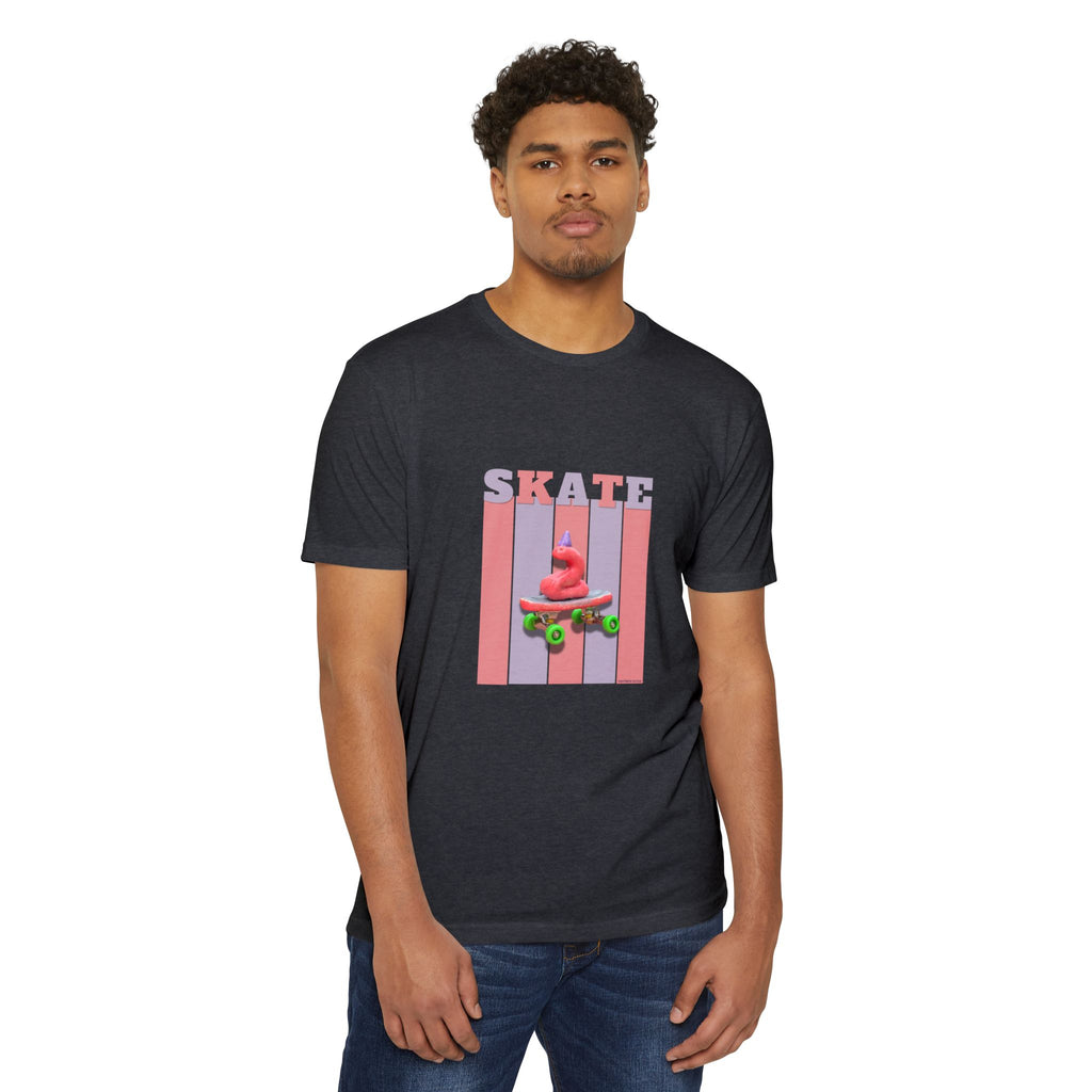 Skate Snake with Party Hat Pink Graphic Tee — Retro Stripes Skateboard Design