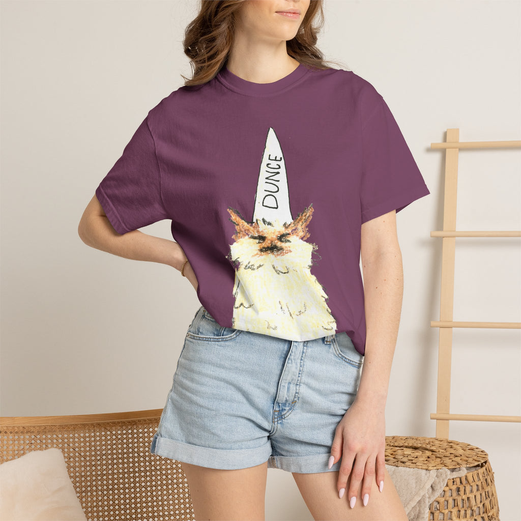 T-Shirt — Fluffy Cat Wearing 'Dunce' Cone Hat Illustrated Tee