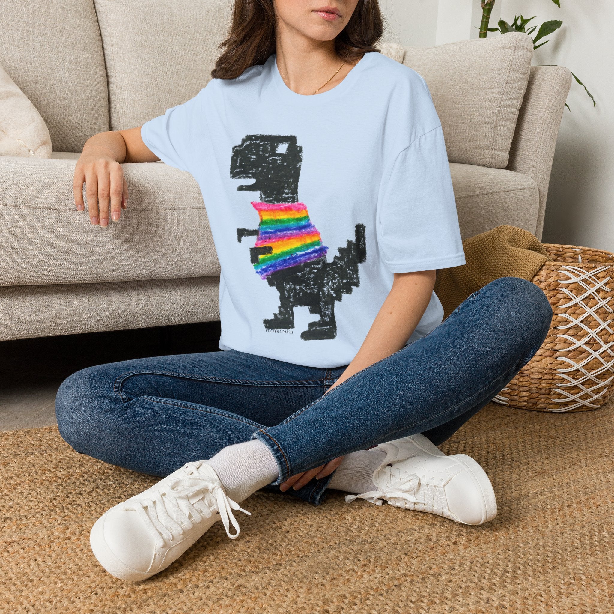 Rainbow Sweater Dinosaur T-Shirt Binary Back | Cute Dino Retro Graphic Tee