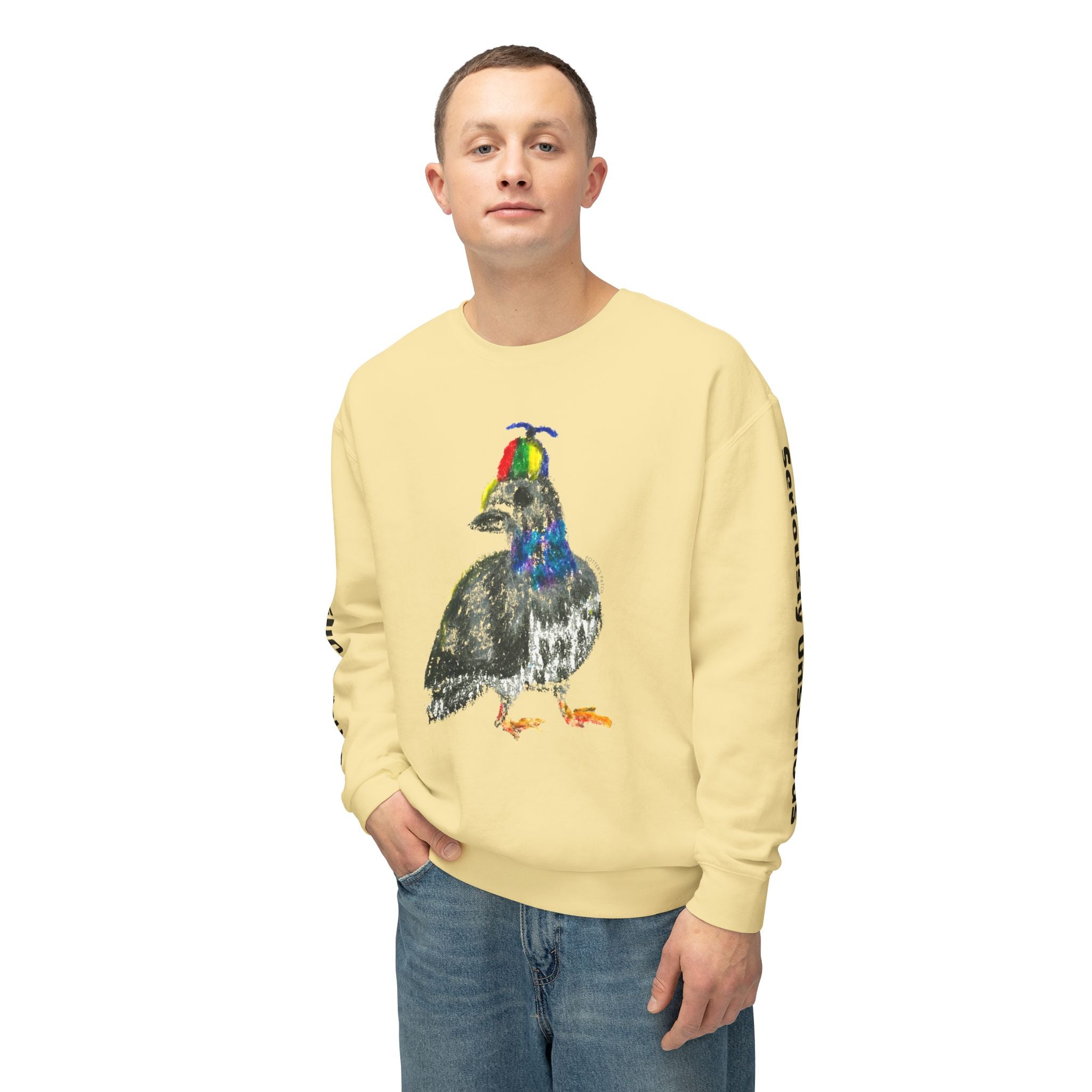 Colorful Pigeon Pinwheel Hat Illustration Sweatshirt | 'Curiously Unserious' Sleeve Text