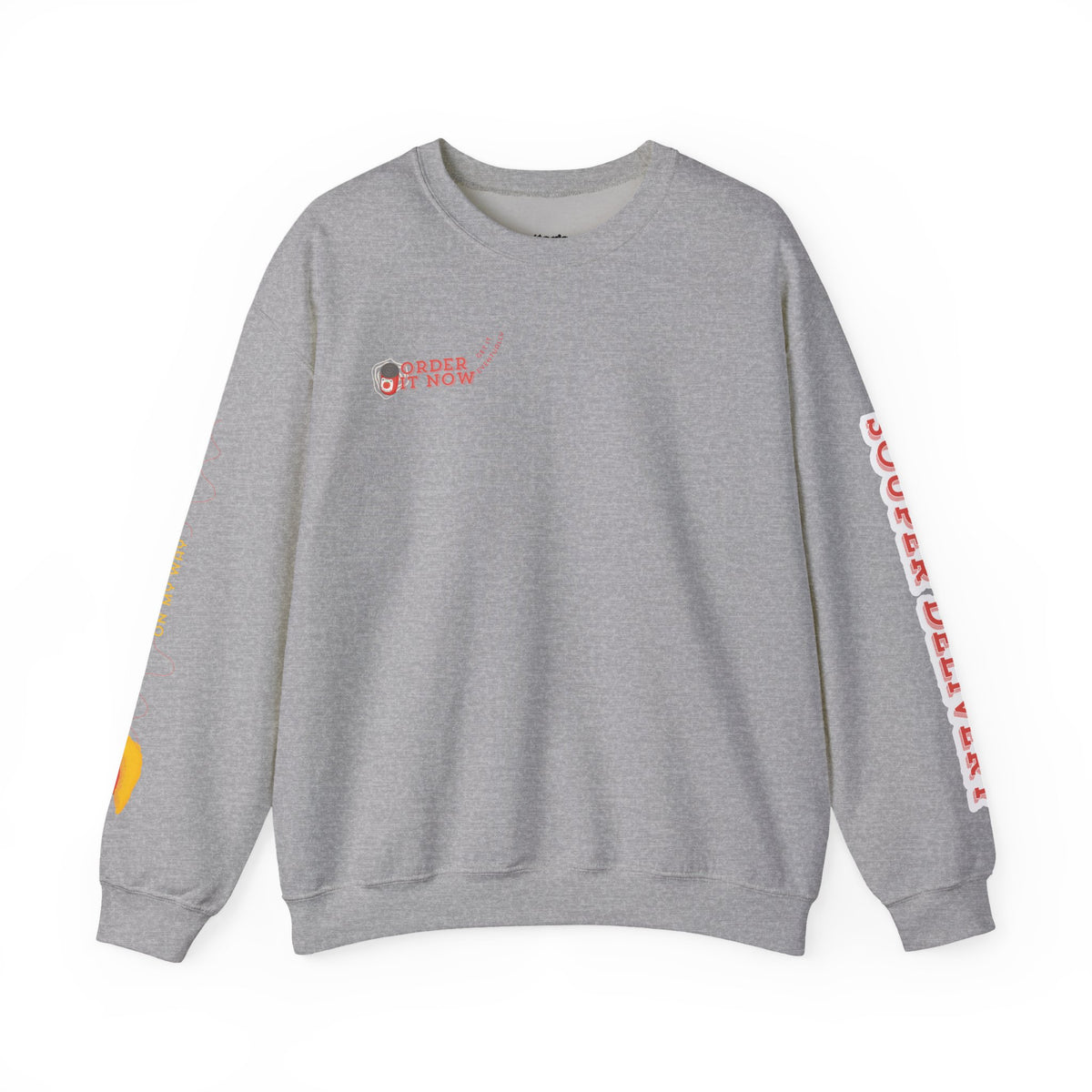 Souper Delivery Crewneck Sweatshirt — Retro Soup Can Logo & Hand-Drawn Snail, "Order It Now, Get It Eventually"