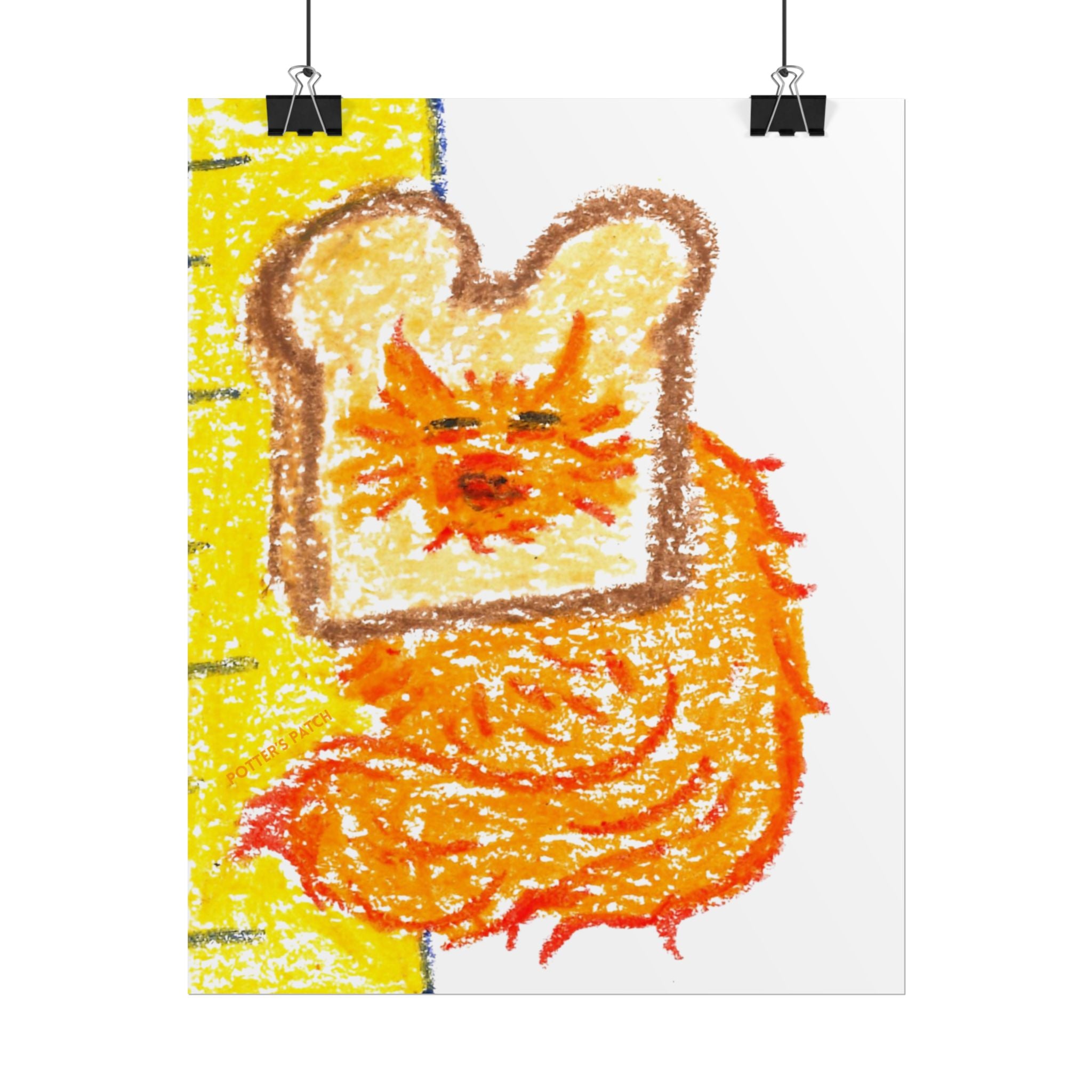 In-Bread Cat Toast Poster Butter Background | Whimsical Crayon Illustration, Rolled Poster 8"x10"