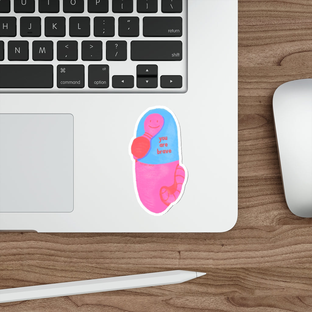 Brave Pill Worm Die-Cut Sticker — Cute Encouragement Sticker for Laptops & Journals