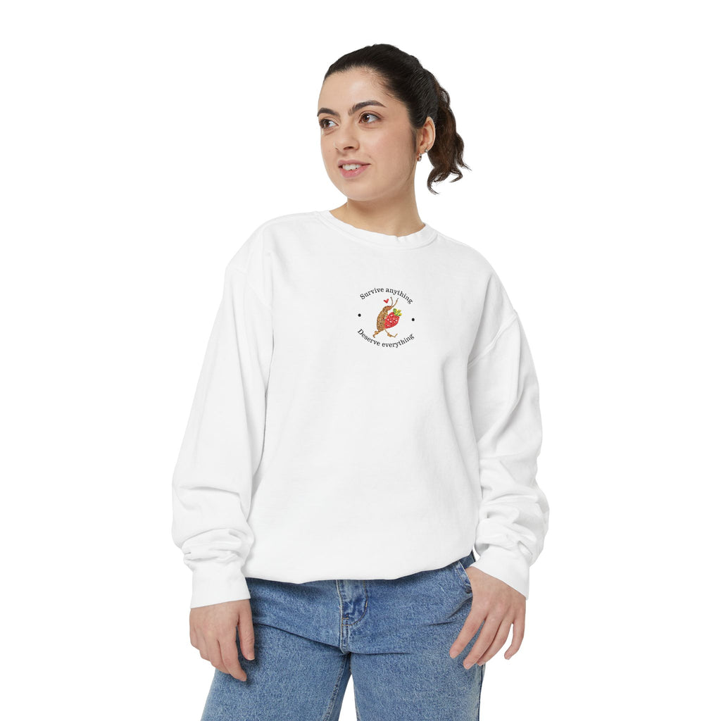 Cute Cockroach with Strawberry "Survive anything, Deserve Everything" Embroidered Sweatshirt