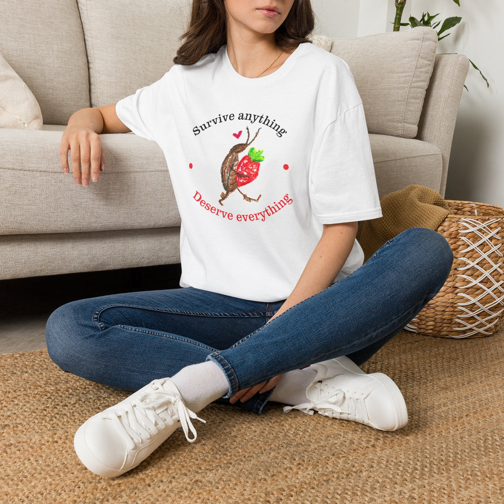 T-Shirt — "Survive Anything, Preserve Everything" Strawberry & Cockroach Bug Illustration