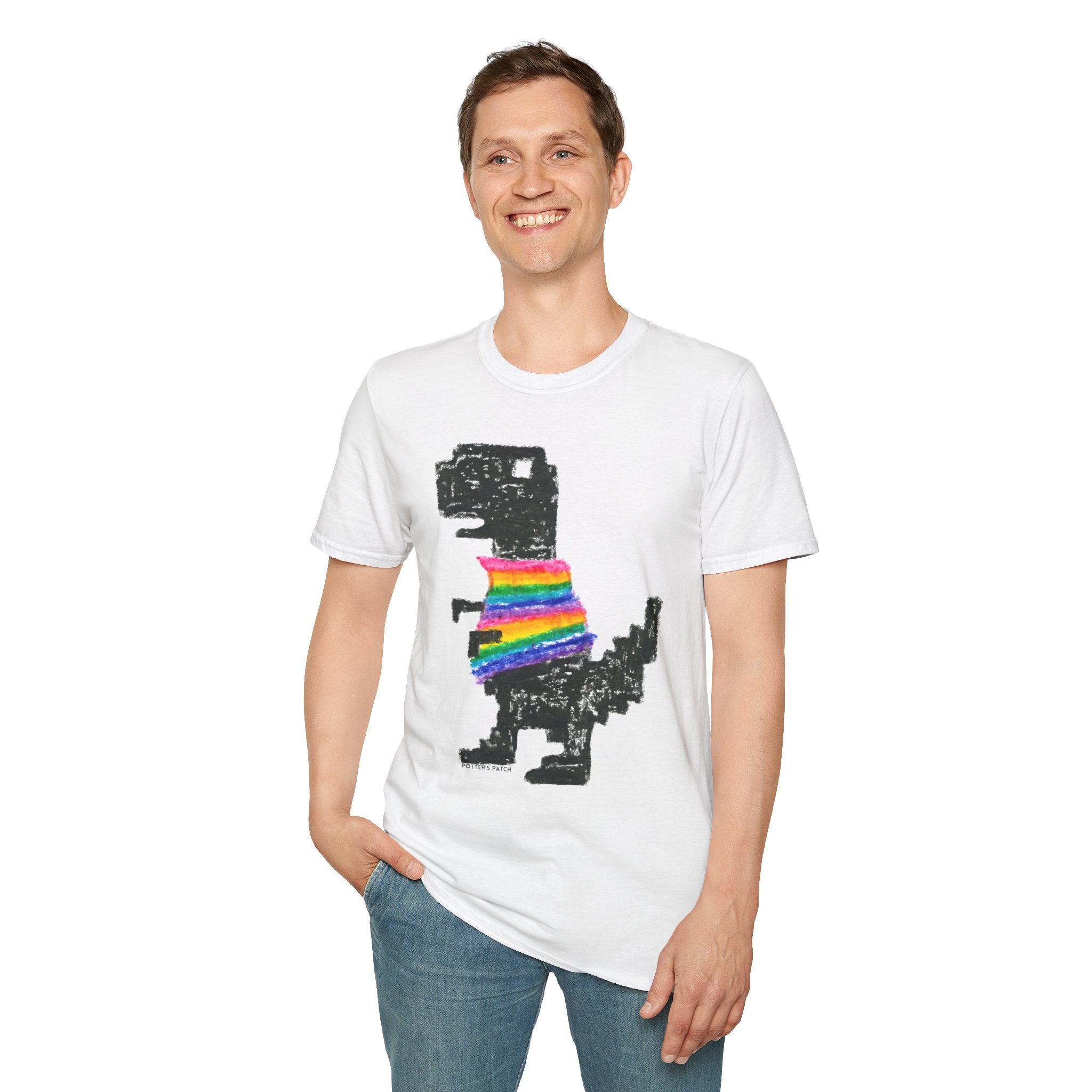 Rainbow Sweater Dinosaur T-Shirt Binary Back | Cute Dino Retro Graphic Tee