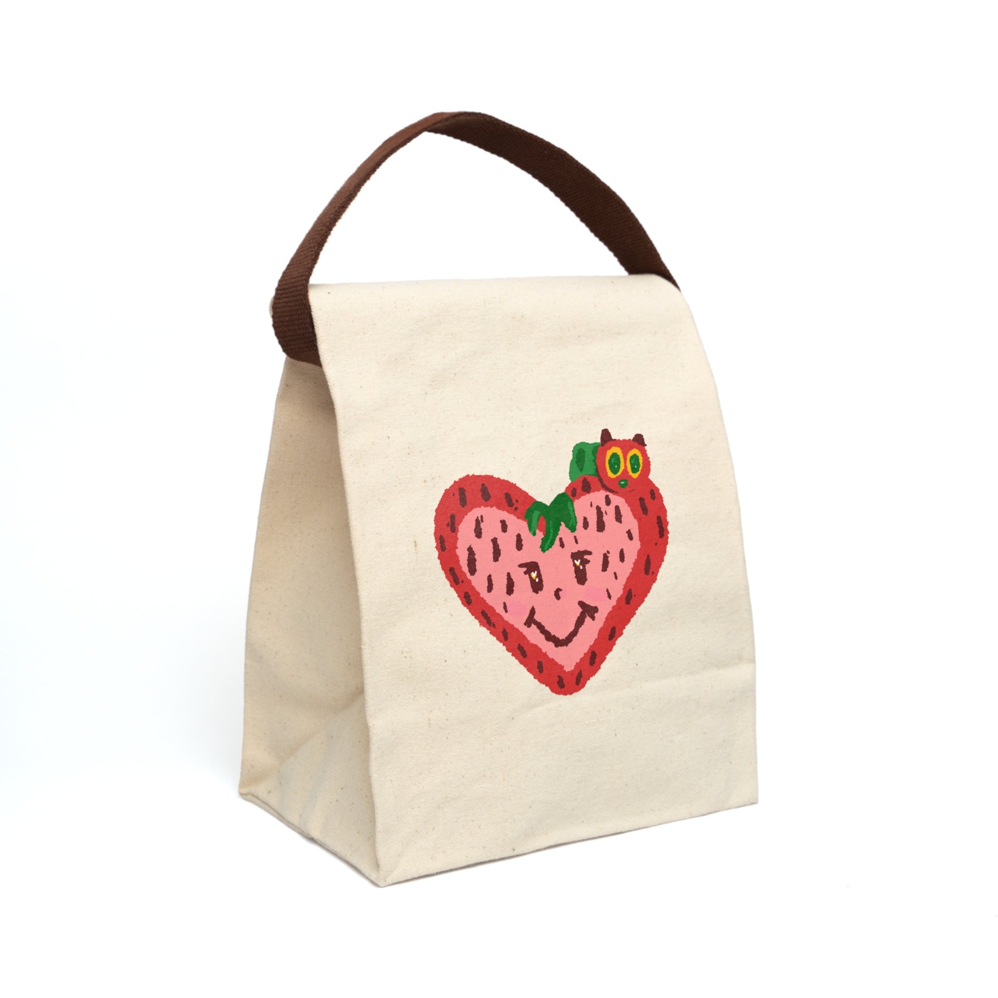 Smiling Strawberry with Colorful Caterpillar Canvas Lunch Bag with Strap