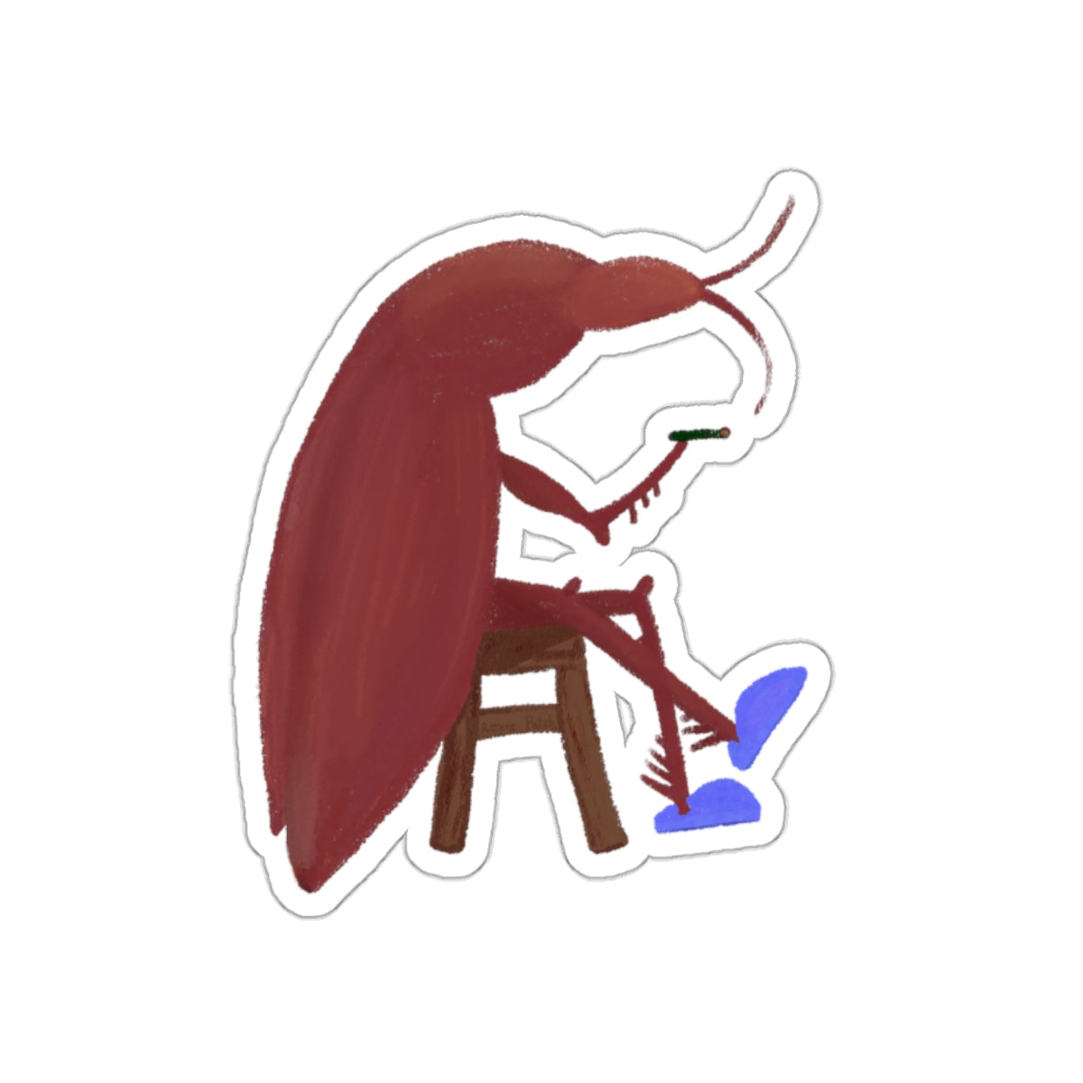 Smoking Cockroach in Blue Slippers Die-Cut Sticker | Funny Insect Art
