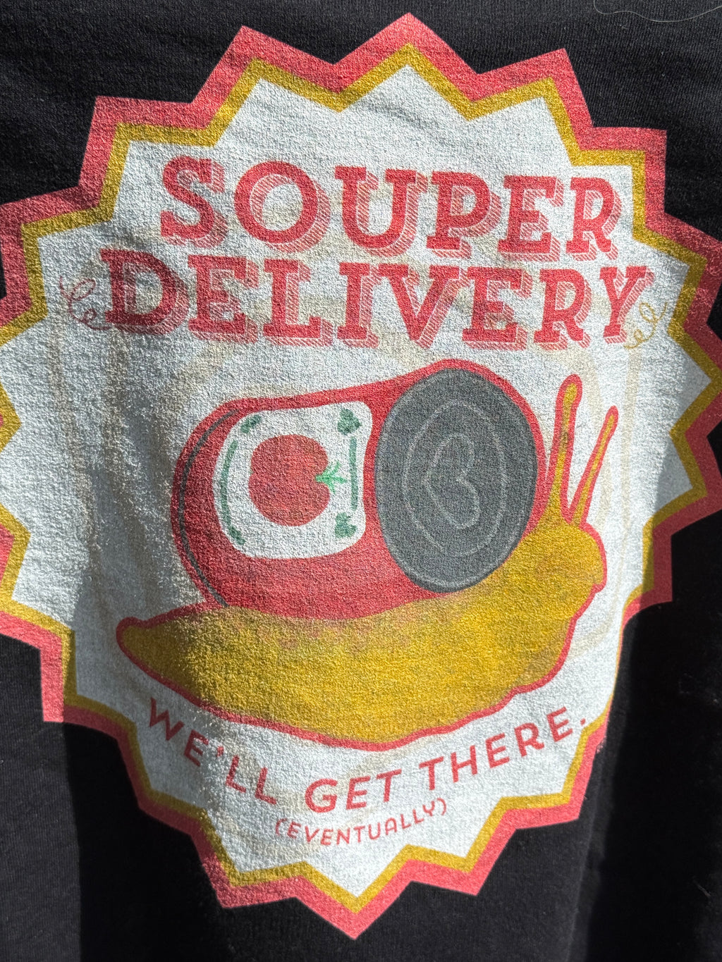 Souper Delivery Crewneck Sweatshirt — Retro Soup Can Logo & Hand-Drawn Snail, "Order It Now, Get It Eventually"