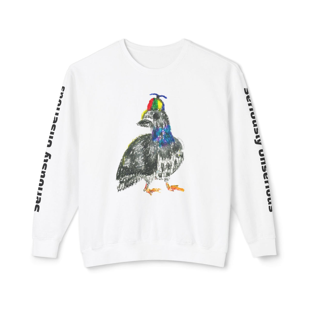 Colorful Pigeon Pinwheel Hat Illustration Sweatshirt | 'Curiously Unserious' Sleeve Text
